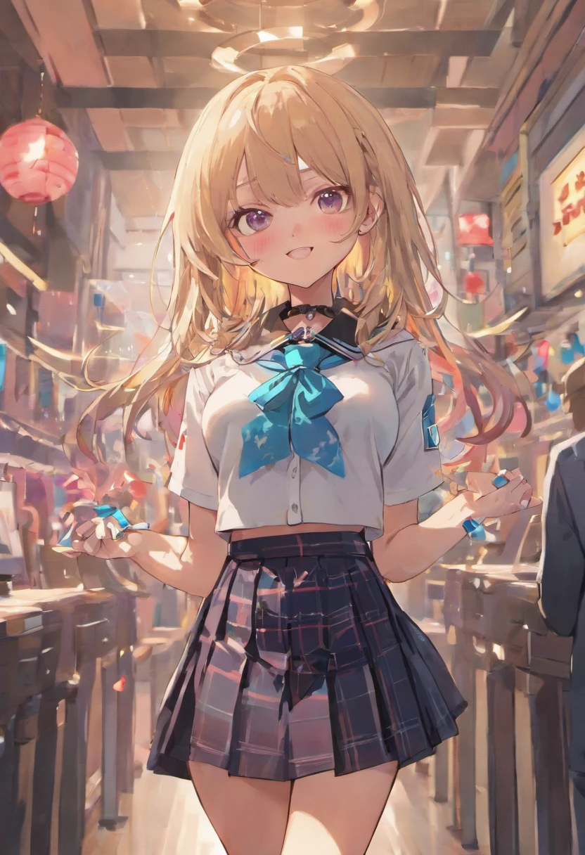 Full body, 1girl in, Bangs, Black Choker, black necktie, Black hair, Blue skirt, blush, 手链, breasts, Choker, clothes around waist, 鎖骨, Collared shirt, dress shirts, ear piercings, eyebrows visible through hair, Gradient Hair, grin, gals, Jewelry, Kogal, Long hair, Looking at Viewer, loose necktie, neck tie, Piercing, Plaid, plaid skirts, Pleated skirt, Red Eyes, Ring, School uniform, Shirt, Skirt, Smile, Solo, White shirt, Street, skyporn, cherryblossom, flower petals, (magazine:1.3), (cover-style:1.3), Fashionable, Woman, Vibrant, outfit, Posing, front, Colorful, Dynamic, Background, element。, which are full of confidence, expression, Holding, statement, accessory, An majestic, coiled, Around, Touch, Scene, Text, cover, Bold, captures the attention, Titles, Stylish, Font, Catchy, headline, Larger, striking, Trendy, Focus, Fashion, Blonde hair, Very long hair, Halo, Hair Bow, Smile, longeyelashes, Cowboy Shot, Illustration, Modern, letterbox, One-person viewpoint, surrealism, masutepiece, Best Quality, nffsw, hight resolution, Anatomically correct, Textured skin, Super Detail, high details, retinas, masutepiece, ccurate, 4K