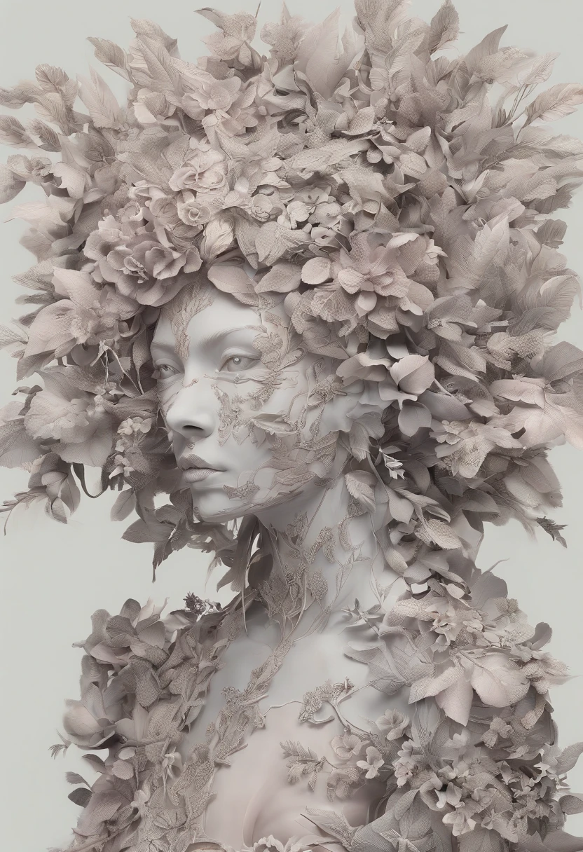Create a full-body image of an angelic woman with white skin. Her face is divided into three separate halves, and her neck resembles a tree trunk with holes. Her breasts and feet are adorned with flowers, and she has only one wing.