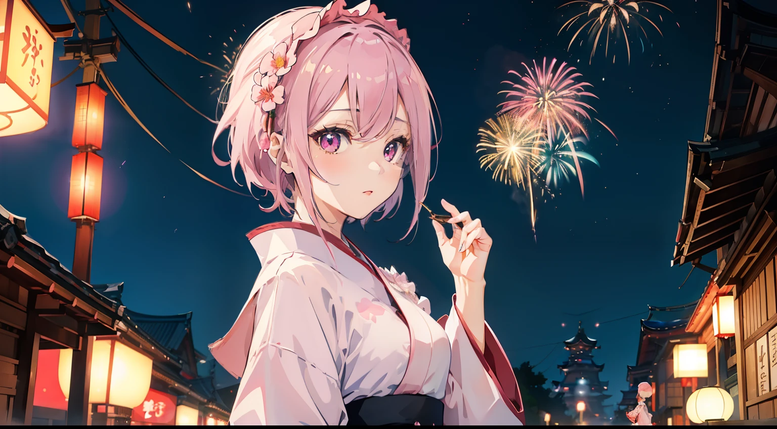 ​masterpiece、top-quality、Movie stills、1girl in、animesque、Pink shorthair、Pink eyes、illustratio、Kimono、Japanese dress、kawaii、homeliness、Night view of fireworks（Spark：0.7）、By Shinkai Makoto