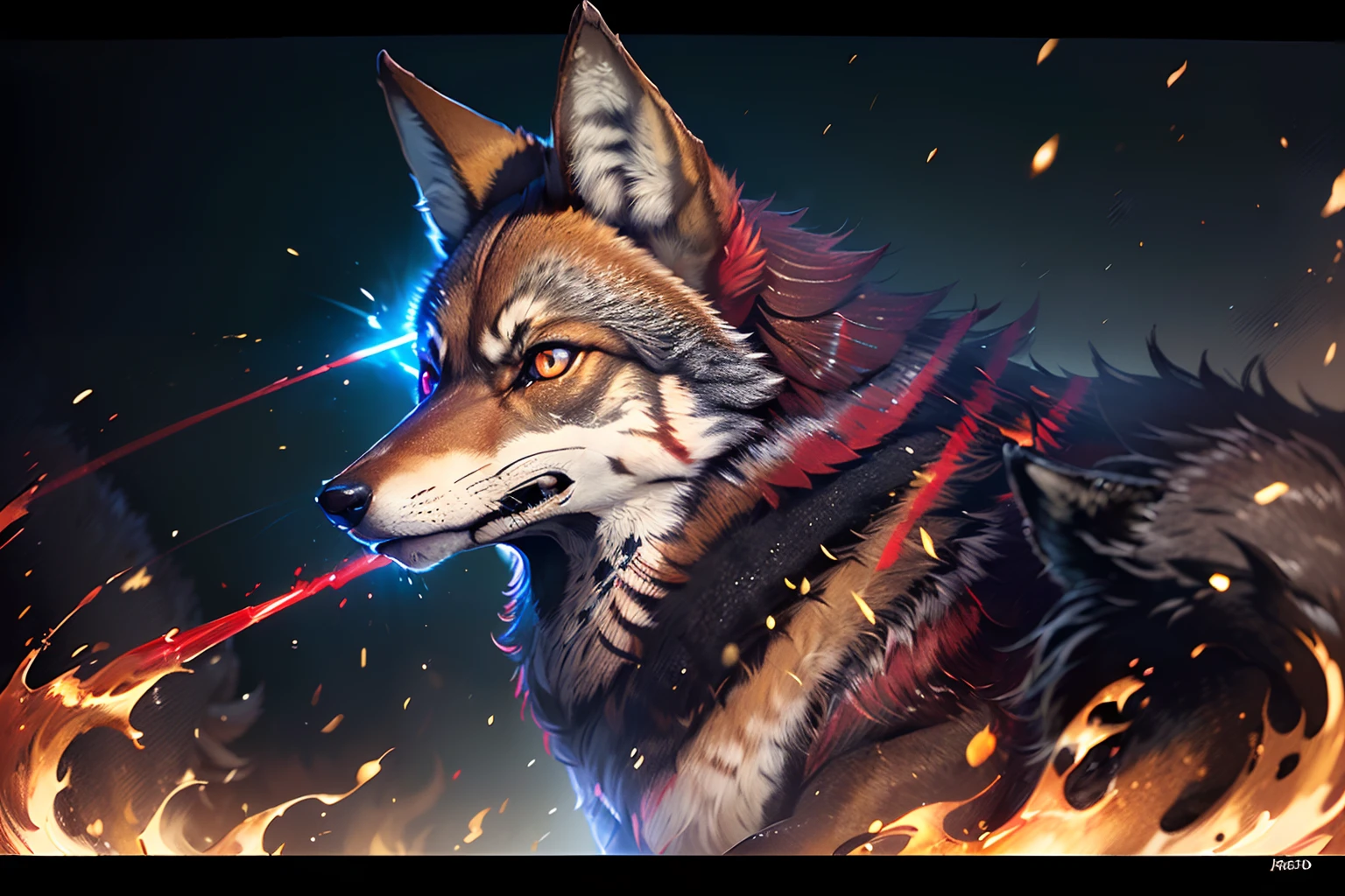 (red wolf with clear golden eyes and light black wolf with clear red eyes of double cut in:1.5), high speed neon line, anger, intimidation, intimidation, flash, exudes realism, fused detailing oil painting and fountain pen illustration, back glowing, intricate detailed fur and texture,