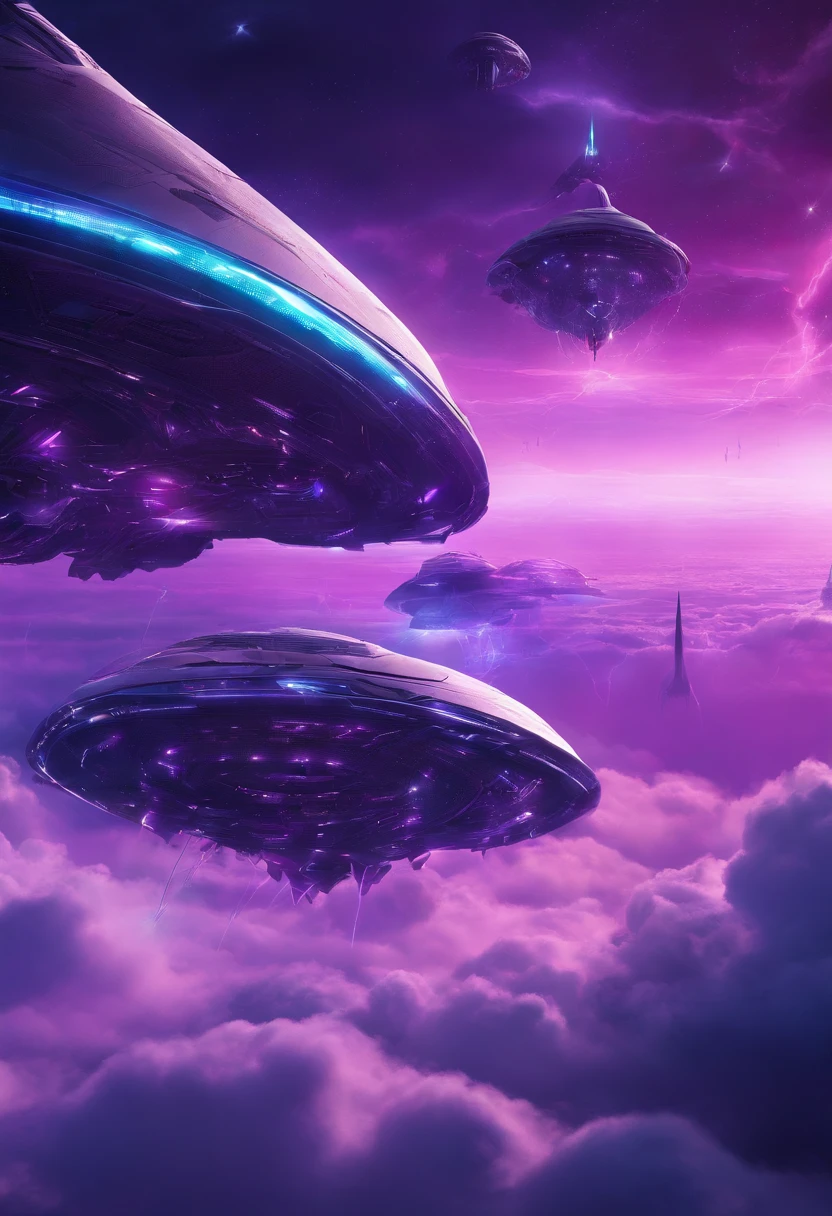 Futuristic alien spaceships flying abovethe clouds, dark sky, purple lighting, rain,lightning, hyper realistic, highly detailed,8k