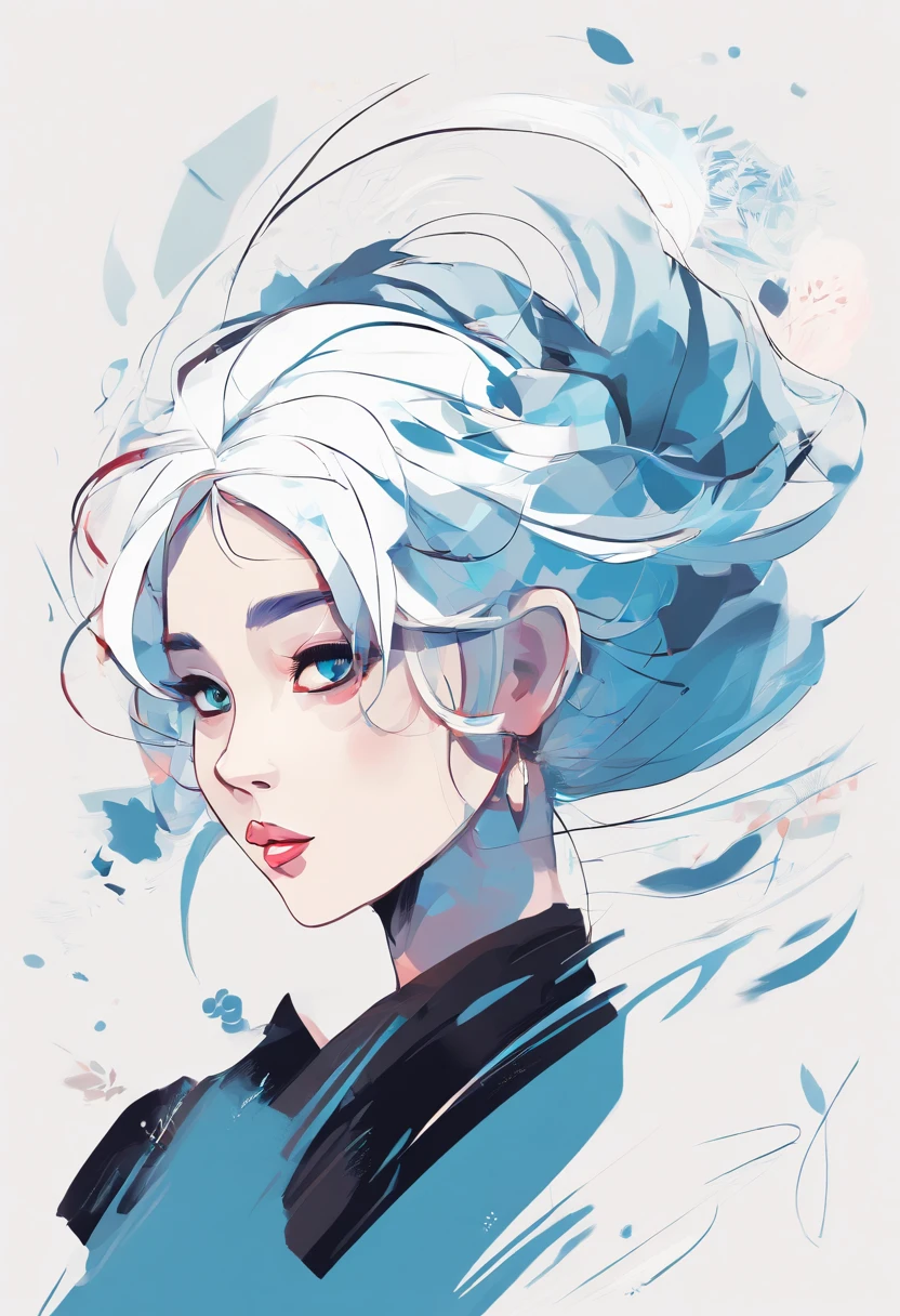 A very beautiful Chinese girl with white hair, blue eyes, black short-sleeved dress, blue background, minimalist painter style, abstract Memphis, flat illustration, vector illustration, style of Japanese master Ichiro Tsuruta