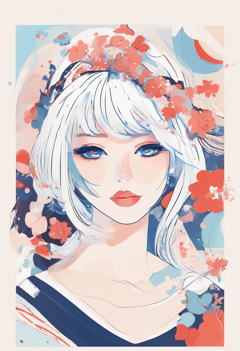 A very beautiful Chinese girl with white hair, blue eyes, black short-sleeved dress, blue background, minimalist painter style, abstract Memphis, flat illustration, vector illustration, style of Japanese master Ichiro Tsuruta