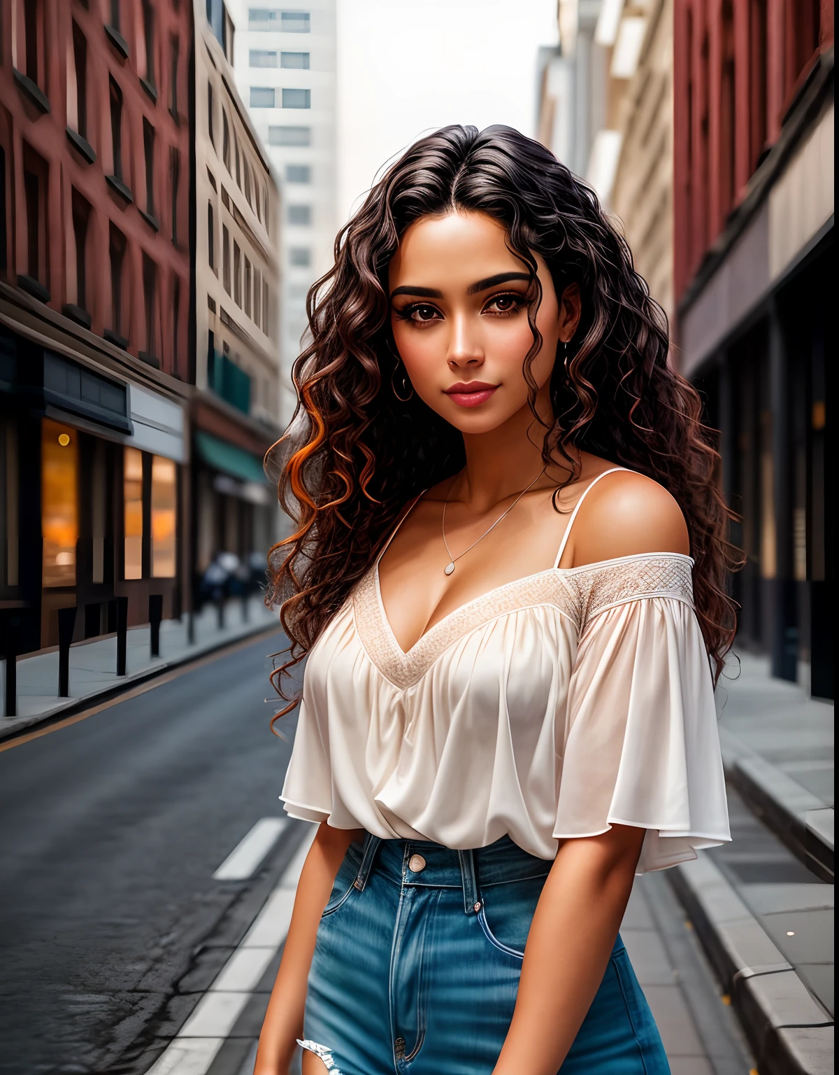 professional portrait photograph of a gorgeous mixed race woman with long wavy dark hair, ((sultry flirty look)), beautiful symmetrical face, cute natural makeup, ((standing outside in city street)), stunning modern urban upscale environment, ultra realistic, concept art, elegant, highly detailed, intricate, sharp focus, depth of field, f/1. 8, 85mm, medium shot, mid shot, (centered image composition), (professionally color graded), ((bright soft diffused light)), volumetric fog, trending on instagram, trending on tumblr, hdr 4k, 8k