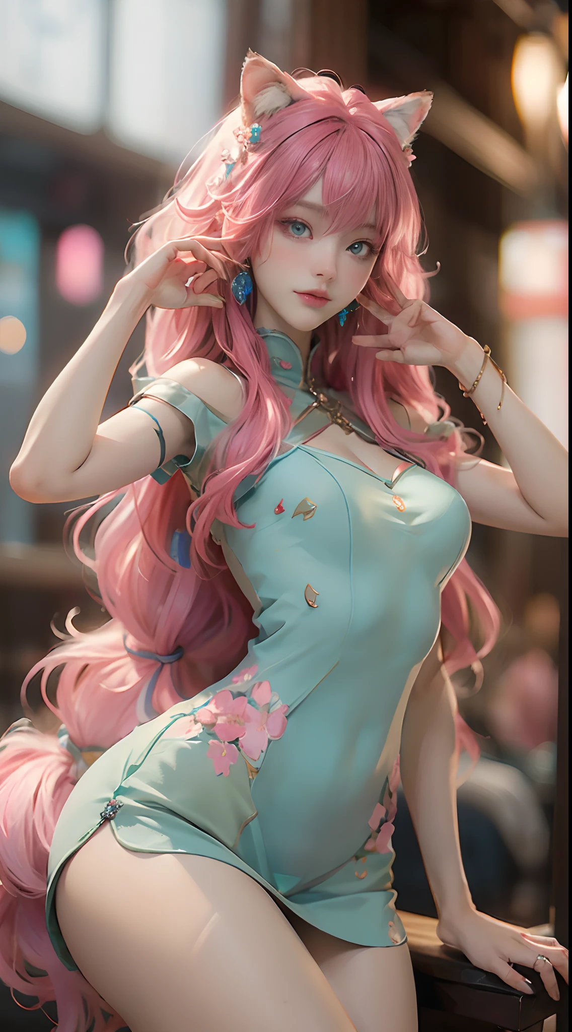 ((best qualtiy)), ((tmasterpiece)), (detail:1.4), Beautiful cyberpunk female images,hdr(HighDynamicRange),Ray traching,NVIDIA RTX,Hyper-Resolution,illusory 5,sub surface scattering,PBR textures,post-proces,Anisotropy Filtering,depth of fields,maximum definition and sharpness,Many-Layer Textures,Albedo e mapas Speculares,Surface coloring,Mitsu-Accurate simulation of material interactions,perfectly proportioned,rendering by octane,Two-colored light,largeaperture,Low ISO,White balance,Rule three points、8K raw data、Beautiful bright blue pupils,off-the-shoulder clothes,Fine pupils,Delicate face and eyes,long eyelasher,Blushlush,Delicate and fluffy hair,pink lip,Pure,Cute face,Sweet girl,Artistic sense,Casual wear,Advancedsense,butterflys,Cherry blossom petal,Beautiful hair accessories,Long hair and waist,Hair fluttering in the wind,Snow-white fox ears,Curly hair is of the best quality, absurderes, Ultra detailed, Dynamic pose, super complex detail, Intricate details, holograph, Cowboy shot, Golden ratio, Super cute girl, Neon light ring, Delicate and beautiful face, Mature girl, Super beautiful asian girl with super beautiful glowing eyes, Super beautiful glowing multicolored hair, Nice sexy body, Slim body, Perfect body, Wear magical underwear, Celestial hair accessories, In the marshmallow world,Close up of a woman in a pink dress and crown, Extremely detailed Artgerm, .High detail, Artistic germ style, Art germ. anime illustration, art-style, artgerm art, Style Artgerm,Artgerm Plat,anime girl with pink hair and cat ears posing for a picture, Guviz, Guviz-style artwork, Extremely detailed Artgerm, Guweiz on ArtStation Pixiv, Guweiz in Pixiv ArtStation, ross tran, trending on cgstation, beautiful anime catgirl
