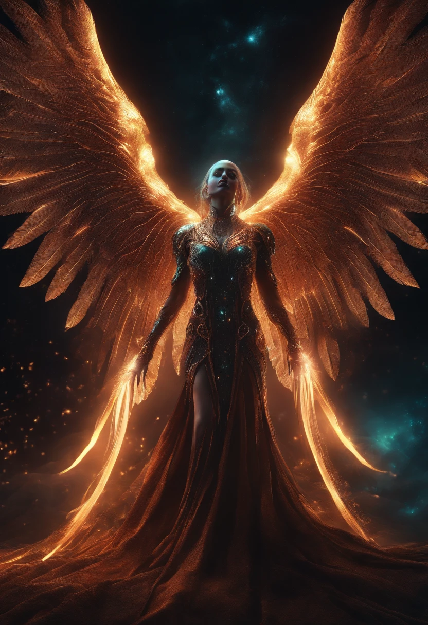 Cosmic Fallen Angel, glowing light eyes, Biomechanical, eerie, Creepy, nightmarish, Very bright colors, Light particles, with light glowing, Mshiff, wallpaper art, UHD wallpaper