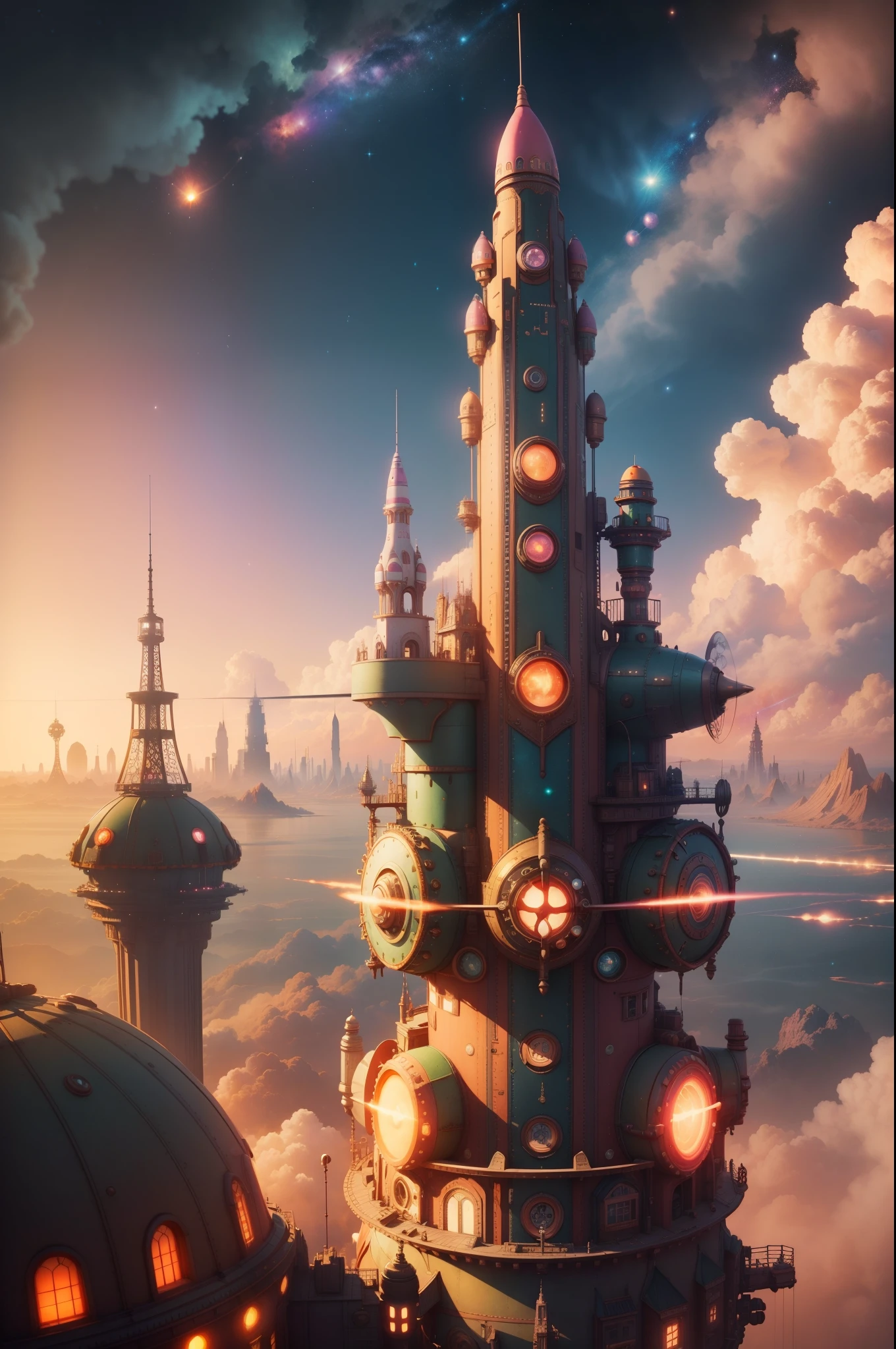 SteampunkStyle cute rocketship fly-over city scape, orange-clouds, cityscape, smoking jet, fun, beautiful, high_detailed, creative, scenery, 3d movie, highres, colorful galaxy, colorful milky way Giant green and pink monster in thebackground