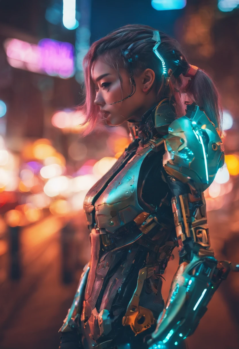 steampunk, night, a beautiful full body cyborg girl cyberpunk with a cyberpunk scape tall buildings, lots glow light bokeh, lots big glow light, long shot photography, full body, white hair, cyber mask, cyber angel, white and orange and black machine suit color combination, the sky big planet, sky galaxy, the body full of machine, realistic futuristic hologram, asian skin tone, beautiful eye, beautiful asian face, cyber ear machine, suits is solid mecha, realistic machine, sci fi scape, manipulation is a masterpiece, long hair, masterpiece, suit of steampunk, realistic sci fi building texture mecha aestethic, digital cyberpunk, looming over a city, cyber technology, realistic hair, lots of hair, white of hair, realistic metal solid texture of building, realistic neon glow, realistic neon sign, wonderful side lighting, realistic futuristic cyberpunk building, realistic girl robot cyberpunk, fog, foogy, masterpiece of detail, RAW IMAGE, depth of field, point of interes, depth of field is masterpiece, best photography composition masterpiece, natural realistic hair, rule of third masterpiece photography, natural lighting, photography masterpiece natural lighting from side, realistic skin texture, strong reflection, ( pose pinterest) masterpiece beautiful, angel wing, smooth pixel, ray of light, soft light, small breasts, mastepiece of cyber mask, masterpiece fantasy gun, carry a fantasy weapon, weapon fantasy (artstation)