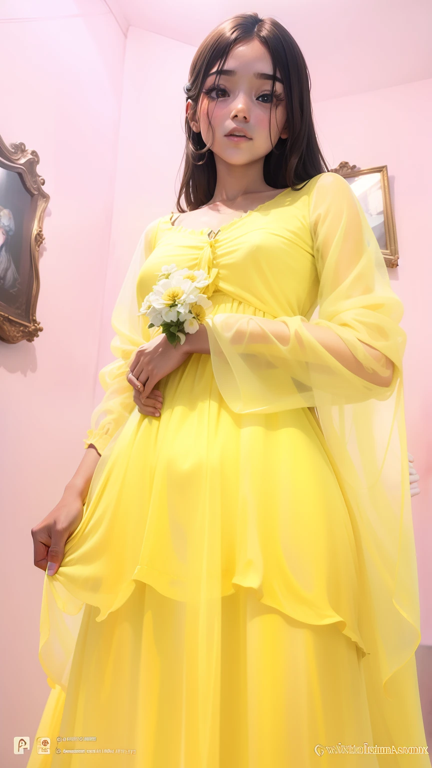 A beautiful grile witn flowers slime body classic yellow dress beautiful full eyes silky brown hairs