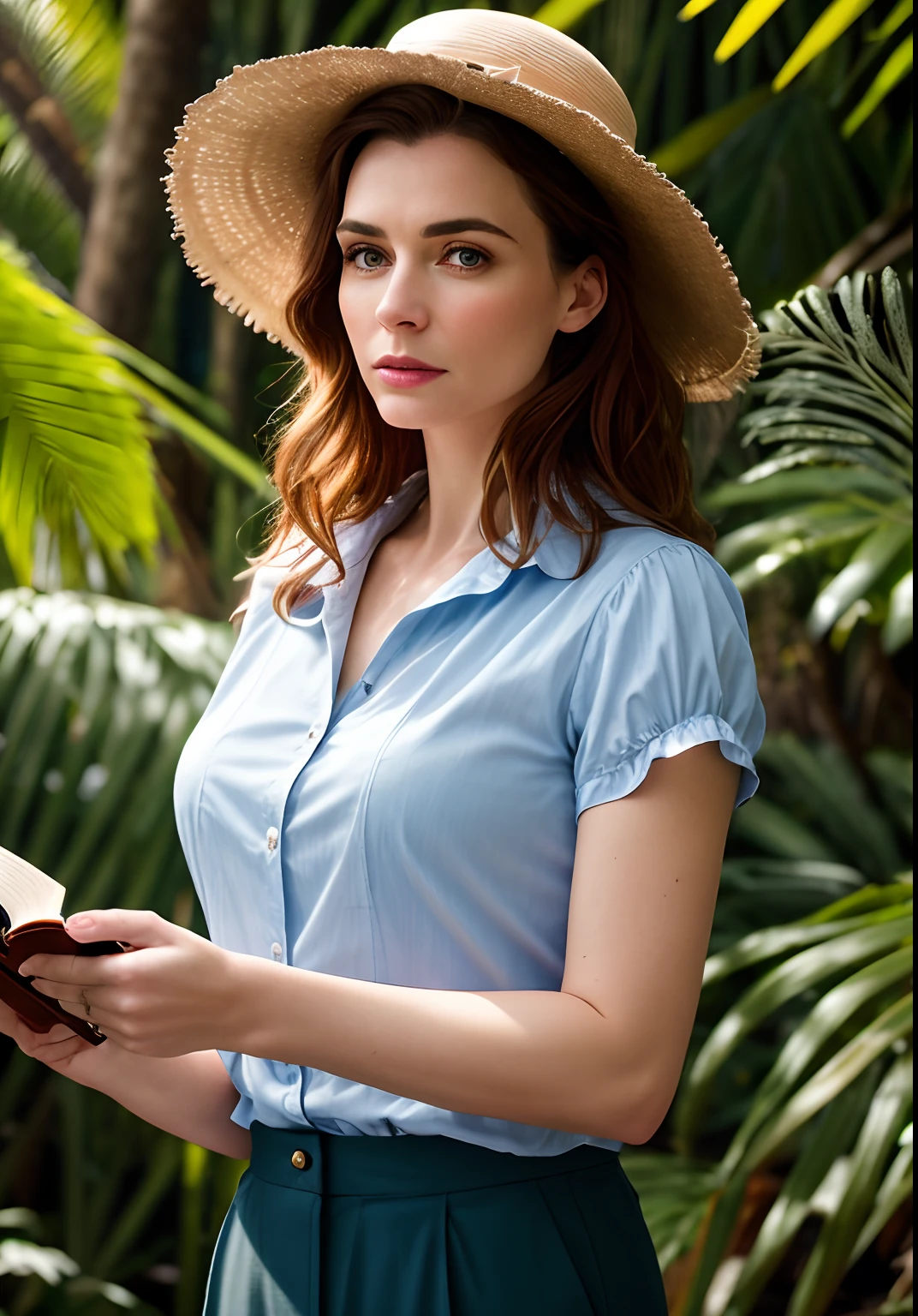 Pretty, beautiful, elegant, (masterpiece, best quality, high resolution:1.4), 1girl, angel, skin pores texture, HD , Photography, movie, cinematic, portrait, Realistic, (8k, RAW photo, best quality, masterpiece:1.2), (realistic, photo-realistic:1.33), best quality, (detailed eyes blue), cute,(sunset light), depth of field, film grain, wrinkled skin, sharp, detailed and realistic portrait of a woman , outside, agile, soft natural lighting, portrait photography, magical photography, dramatic lighting, photo realism, ultra-detailed, intimate portrait composition, Leica 50mm,(35 years old),(beautiful), (tough woman),(powerful woman), (British female),(Victorian), (light red brown hair), (Background: research room), (hair style: French twist), elegant, dim lighting, side light, books, feathers, blue butterfly, (was Victorian), (female scholar), (rough woman), (professor), (zoologist), (woman in Jungle Cruise), (female explorer), (explorer shirt), (explorer hat), (dark brown trousers), Vanessa Kirby, Rachel Weisz, Emily Blunt