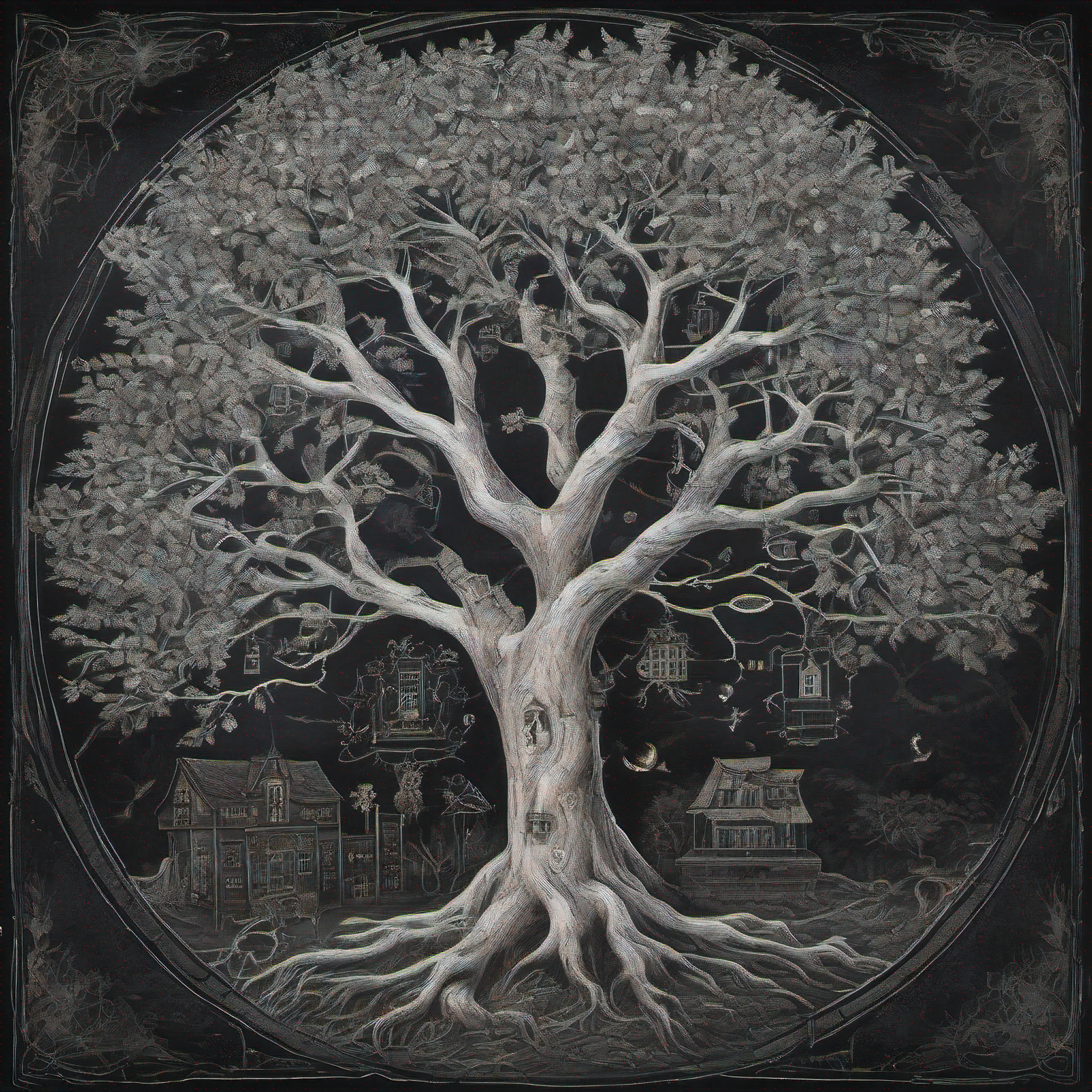 a single family tree in the style of white chalk and a blackboard background, small picture frames scattered on the branches of the branches and roots