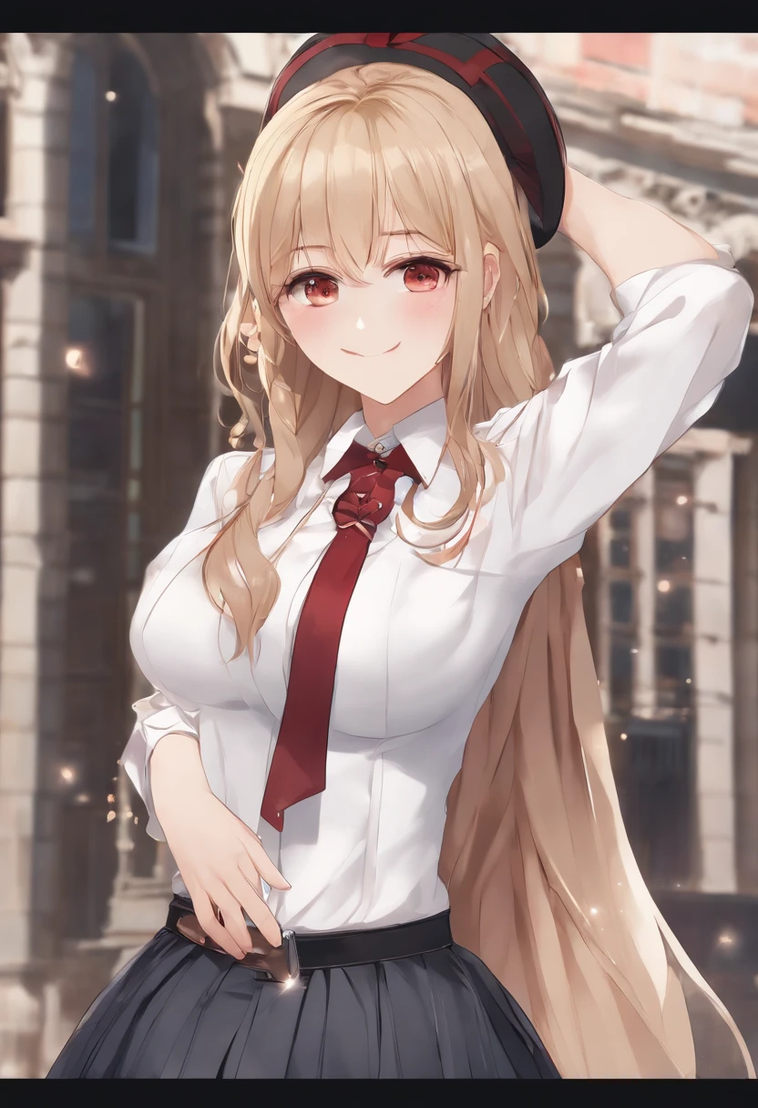 Full body, 1girl in, Bangs, Black Choker, black necktie, Black hair, Blue skirt, blush, 手链, breasts, Choker, clothes around waist, 鎖骨, Collared shirt, dress shirts, ear piercings, eyebrows visible through hair, Gradient Hair, grin, gals, Jewelry, Kogal, Long hair, Looking at Viewer, loose necktie, neck tie, Piercing, Plaid, plaid skirts, Pleated skirt, Red Eyes, Ring, School uniform, Shirt, Skirt, Smile, Solo, White shirt, Street, skyporn, cherryblossom, flower petals, (magazine:1.3), (cover-style:1.3), Fashionable, Woman, Vibrant, outfit, Posing, front, Colorful, Dynamic, Background, element in, which are full of confidence, expression, Holding, statement, accessory, An majestic, coiled, Around, Touch, Scene, Text, cover, Bold, captures the attention, titles, Stylish, Font, Catchy, headline, Larger, striking, Trendy, Focus, Fashion, Blonde hair, Very long hair, Halo, Hair Bow, Smile, longeyelashes, Cowboy Shot, Illustration, Modern, letterbox, One-person viewpoint, surrealism, masutepiece, Best Quality, nffsw, hight resolution, Anatomically correct, Textured skin, Super Detail, high details, retinas, masutepiece, ccurate, 4K