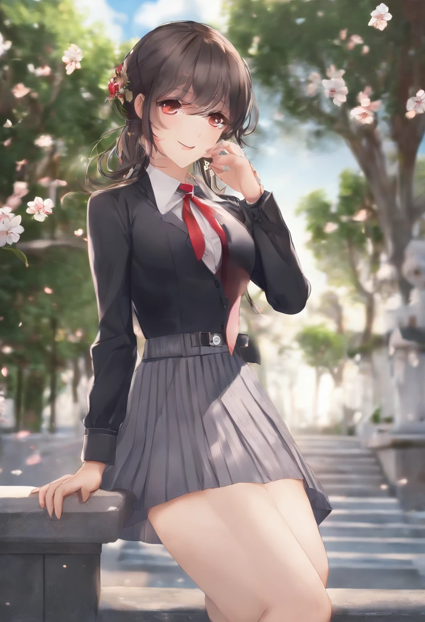 Full body, 1girl in, Bangs, Black Choker, black necktie, Black hair, Blue skirt, blush, 手链, breasts, Choker, clothes around waist, 鎖骨, Collared shirt, dress shirts, ear piercings, eyebrows visible through hair, Gradient Hair, grin, gals, Jewelry, Kogal, Long hair, Looking at Viewer, loose necktie, neck tie, Piercing, Plaid, plaid skirts, Pleated skirt, Red Eyes, Ring, School uniform, Shirt, Skirt, Smile, Solo, White shirt, Street, skyporn, cherryblossom, flower petals, (magazine:1.3), (cover-style:1.3), Fashionable, Woman, Vibrant, outfit, Posing, front, Colorful, Dynamic, Background, element in, which are full of confidence, expression, Holding, statement, accessory, An majestic, coiled, Around, Touch, Scene, Text, cover, Bold, captures the attention, titles, Stylish, Font, Catchy, headline, Larger, striking, Trendy, Focus, Fashion, Blonde hair, Very long hair, Halo, Hair Bow, Smile, longeyelashes, Cowboy Shot, Illustration, Modern, letterbox, One-person viewpoint, surrealism, masutepiece, Best Quality, nffsw, hight resolution, Anatomically correct, Textured skin, Super Detail, high details, retinas, masutepiece, ccurate, 4K