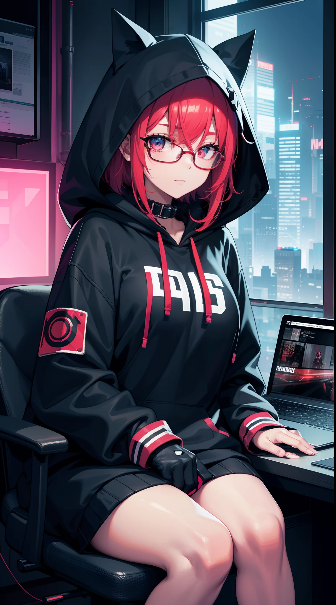 "A stylish graphic designer sits behind her laptop in her studio during the night. She's wearing a red-colored hoodie with the hood covering her head and black glasses. The studio is lit by the soft glow of the neon theme. The designer is looking straight into the camera, her face illuminated, showing determination and focus like shooting an ID photo. The studio's decor is cyberpunk, hi-tech style, and neon theme, with a nighttime cityscape of Hong Kong visible through a window in the background. The overall ambiance of the image should convey a sense of dedication, creativity, and a passion for visual design."