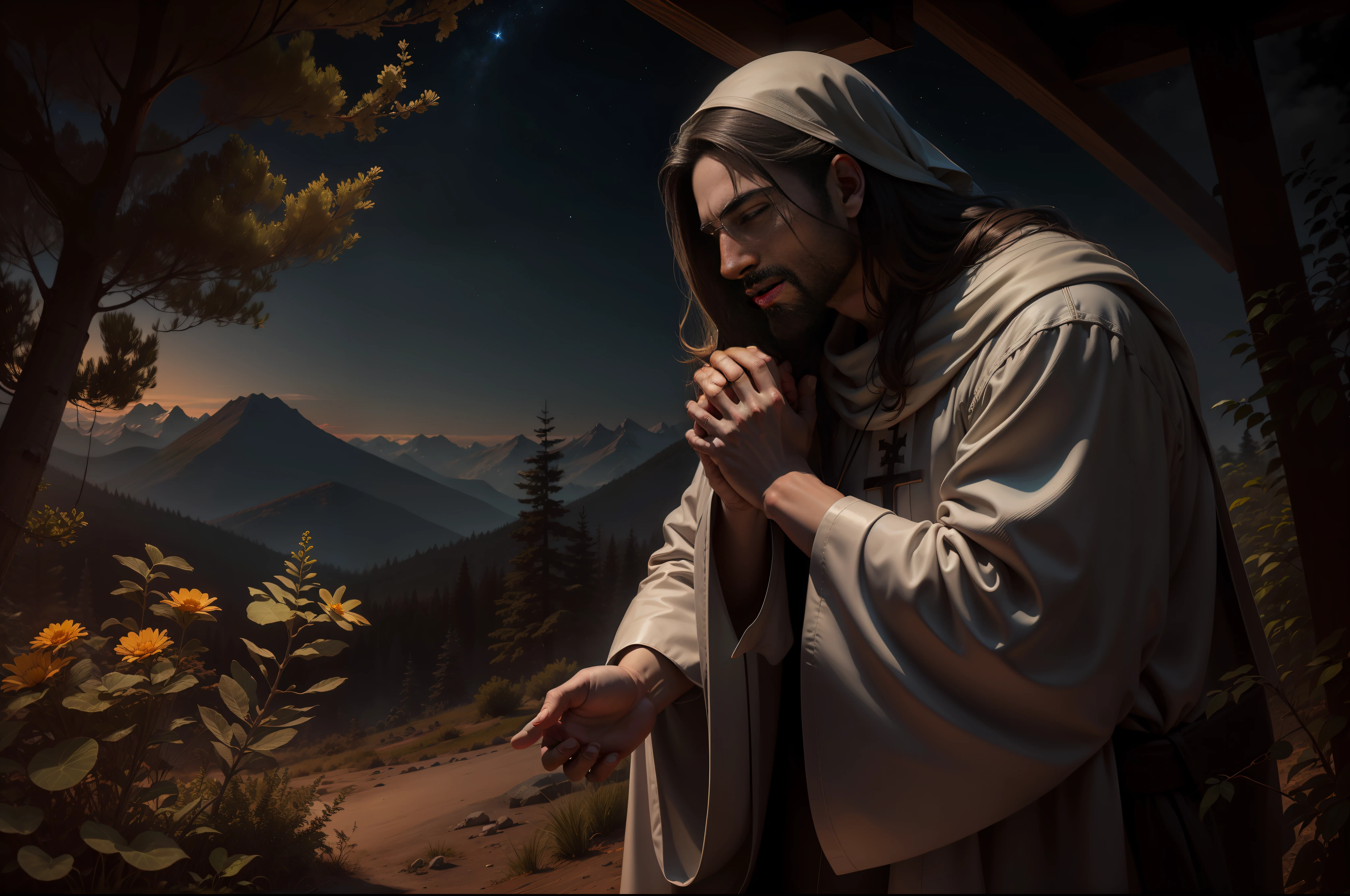 doa, homem Rezando, homem orando, Rezando, FAITH IN GOD, Jesus Cristo, Cristo Jesus, messias, prayers to God, montanhas, Caminhos, Natureza, Deus, skies, celestial, Rendering, fotorrealista, Ultra HD |, 4k, texturas detalhadas, cores detalhadas, Sombras realistas, sombras detalhadas, Cristo, decente, long tunic, Moving prayer, exciting prayer, Praying with emotion, peace of mind, floresta nas montanhas, palmeiras, homem, macho, Jesus, iesus, Messias de Israel, hebreu,