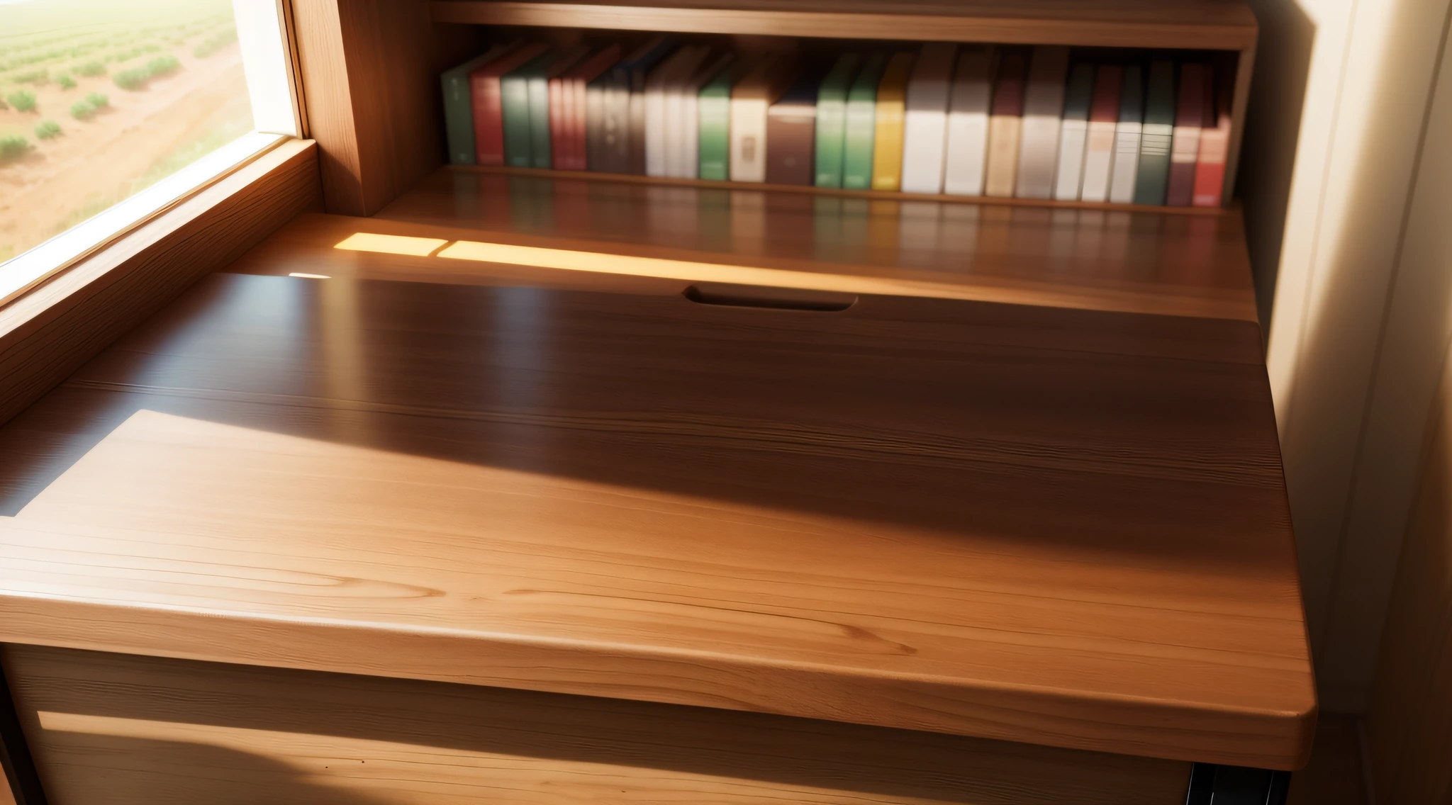 closeup image of wooden office desk of a farm, mesa livre, sem nada em cima, Medium light, amarelada.