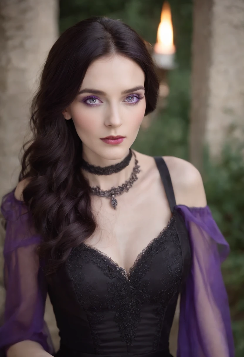 (((surreal bright purple iris))) (purple iris) caucasian woman around 30 years old, very feminine and attractive, pale skin with completely black wavy hair, candlelight in a medieval setting. (((She MUST wear completely black dress and a choker))) ultra sharp focus, realistic shot, (((purple eyes:1.4))) (((black hair:1.2)))