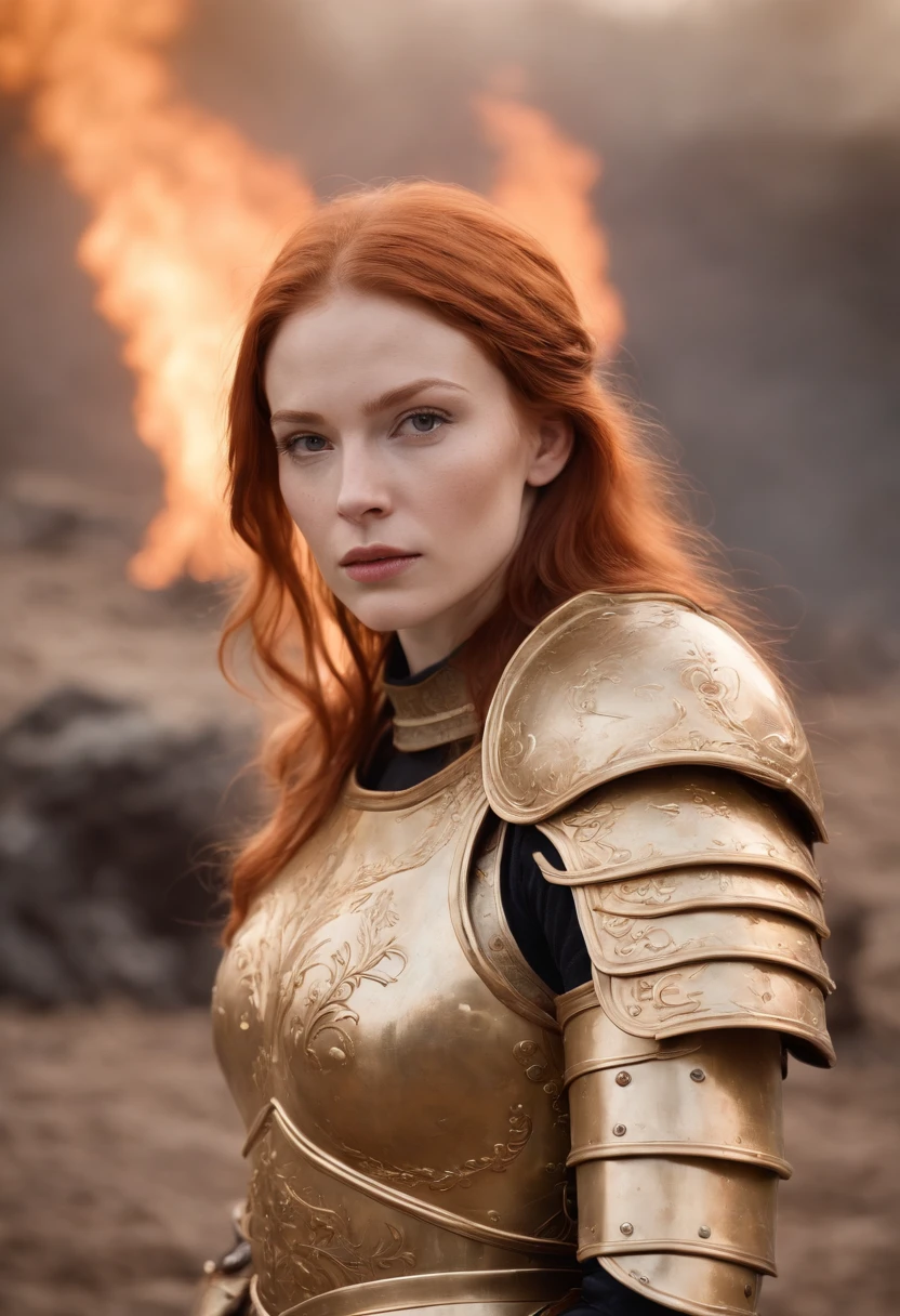 detailed illustration of ginger female divine paladin wearing full plate armor, heavily damaged armor, standing sad on a battlefield, battlefield on fire as background, dirt, misery and decadence, dark ambient, art by Mschiffer, tetradic colors,