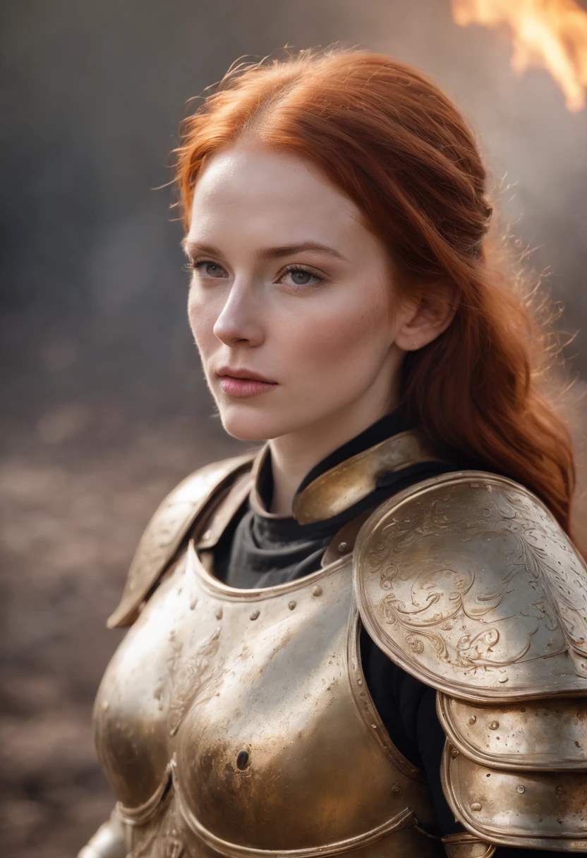 detailed illustration of ginger female divine paladin wearing full plate armor, heavily damaged armor, standing sad on a battlefield, battlefield on fire as background, dirt, misery and decadence, dark ambient, art by Mschiffer, tetradic colors,