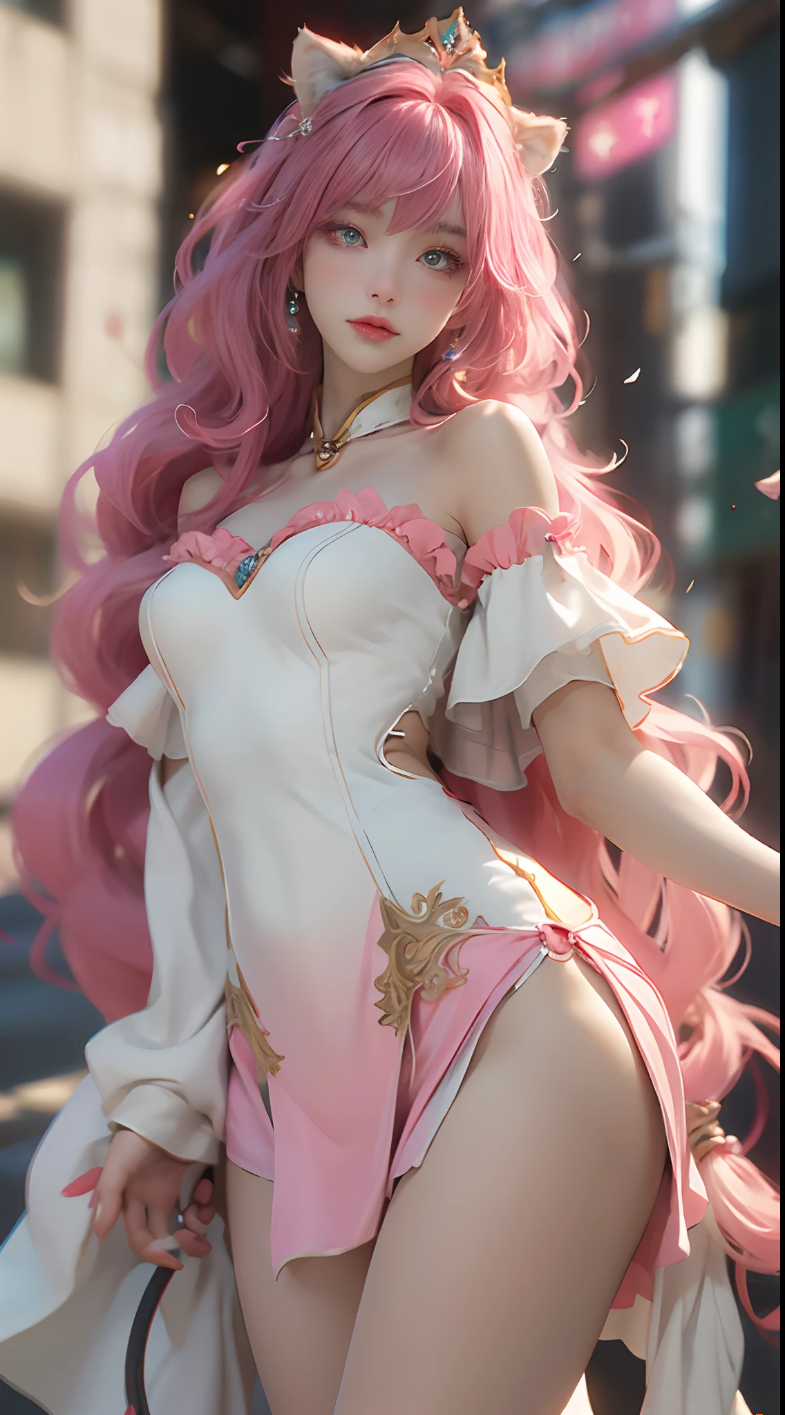 ((best qualtiy)), ((tmasterpiece)), (detail:1.4), Beautiful cyberpunk female images,hdr(HighDynamicRange),Ray traching,NVIDIA RTX,Hyper-Resolution,illusory 5,sub surface scattering,PBR textures,post-proces,Anisotropy Filtering,depth of fields,maximum definition and sharpness,Many-Layer Textures,Albedo e mapas Speculares,Surface coloring,Mitsu-Accurate simulation of material interactions,perfectly proportioned,rendering by octane,Two-colored light,largeaperture,Low ISO,White balance,Rule three points、8K raw data、Beautiful bright blue pupils,off-the-shoulder clothes,Fine pupils,Delicate face and eyes,long eyelasher,Blushlush,Delicate and fluffy hair,pink lip,Pure,Cute face,Sweet girl,Artistic sense,Casual wear,Advancedsense,butterflys,Cherry blossom petal,Beautiful hair accessories,Long hair and waist,Hair fluttering in the wind,Snow-white fox ears,Curly hair is of the best quality, absurderes, Ultra detailed, Dynamic pose, super complex detail, Intricate details, holograph, Cowboy shot, Golden ratio, Super cute girl, Neon light ring, Delicate and beautiful face, Mature girl, Super beautiful asian girl with super beautiful glowing eyes, Super beautiful glowing multicolored hair, Nice sexy body, Slim body, Perfect body, Wear magical underwear, Celestial hair accessories, In the marshmallow world,Close up of a woman in a pink dress and crown, Extremely detailed Artgerm, .High detail, Artistic germ style, Art germ. anime illustration, art-style, artgerm art, Style Artgerm,Artgerm Plat,anime girl with pink hair and cat ears posing for a picture, Guviz, Guviz-style artwork, Extremely detailed Artgerm, Guweiz on ArtStation Pixiv, Guweiz in Pixiv ArtStation, ross tran, trending on cgstation, beautiful anime catgirl