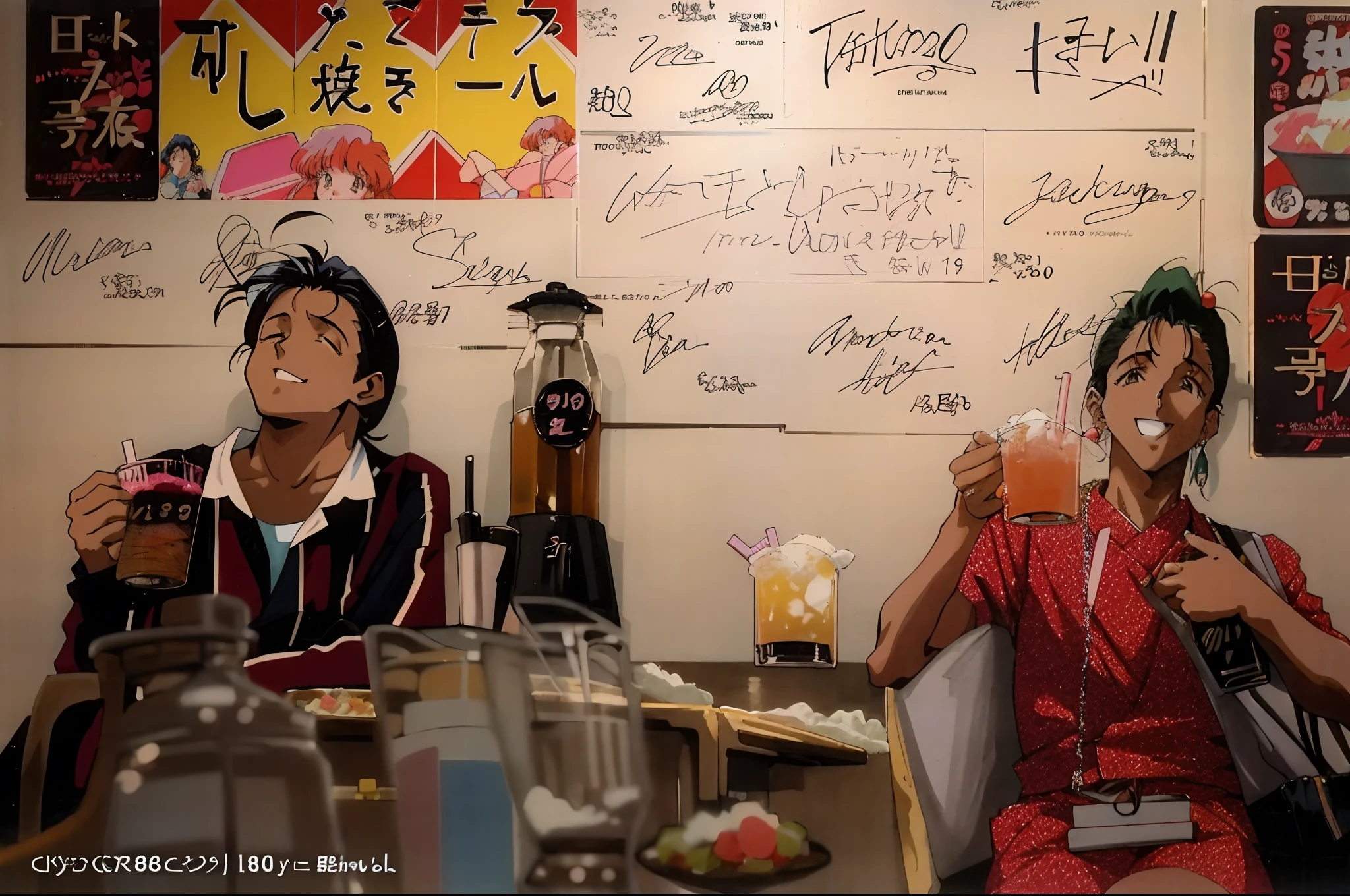 Anime scene, guy on the left, girl on the right, 1990s anime, retro anime, 80s vibe, 80s artstyle, soft color, pastel color, there are two people sitting at a table with drinks and a sign, tokyo izakaya scene