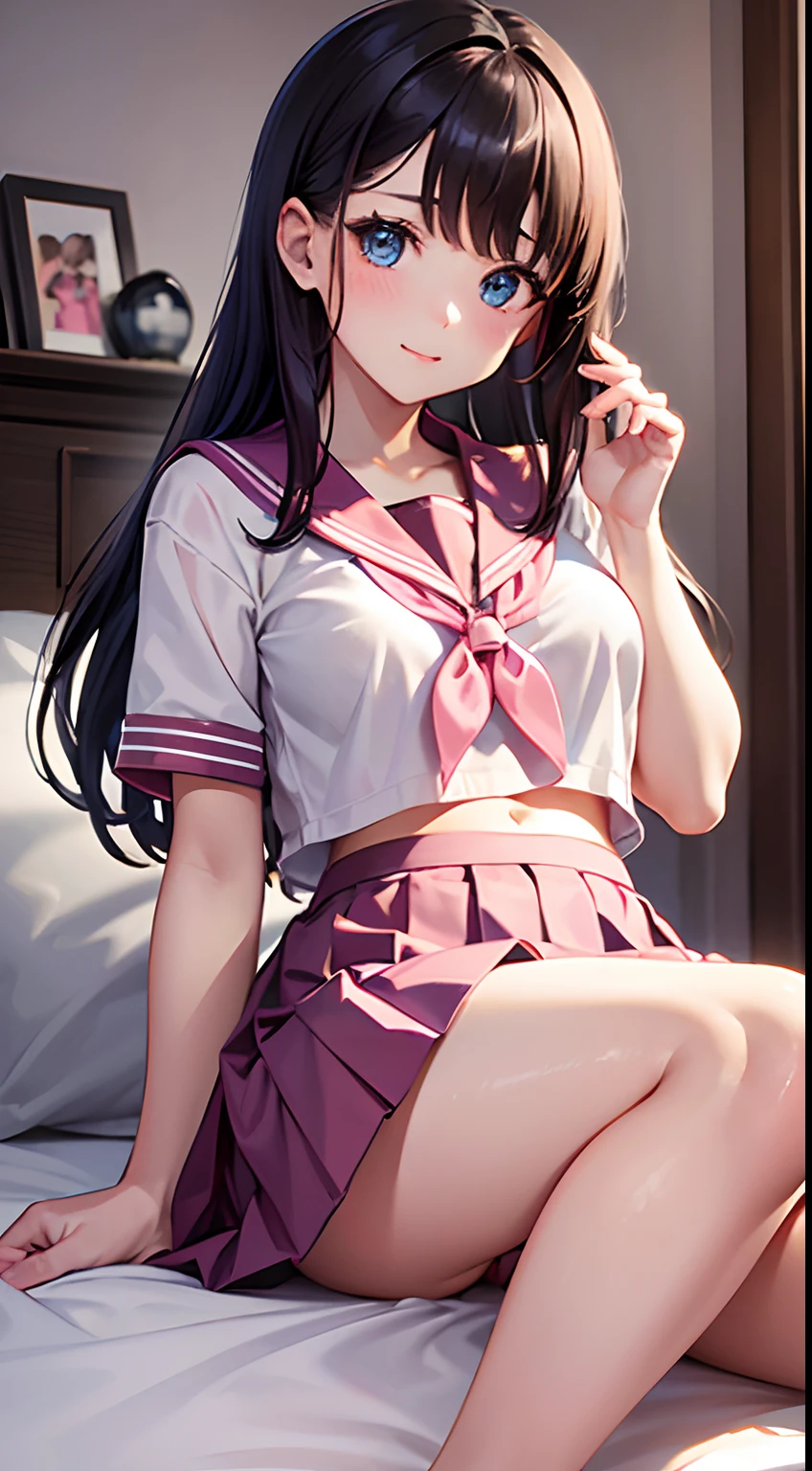 beautiful illustration、top-quality、Cute little girl s、bedroom、A black-haired、length hair、(((Pink pleated skirt)))、(((pink sailor suit)))、shortsleeves、huge tit、a navel、Flipping up the skirt with your hands、Show white panties、Pull up your skirt and show your panties、bare-legged、blue eyess、on the beds、lovely thighs、glowing thigh