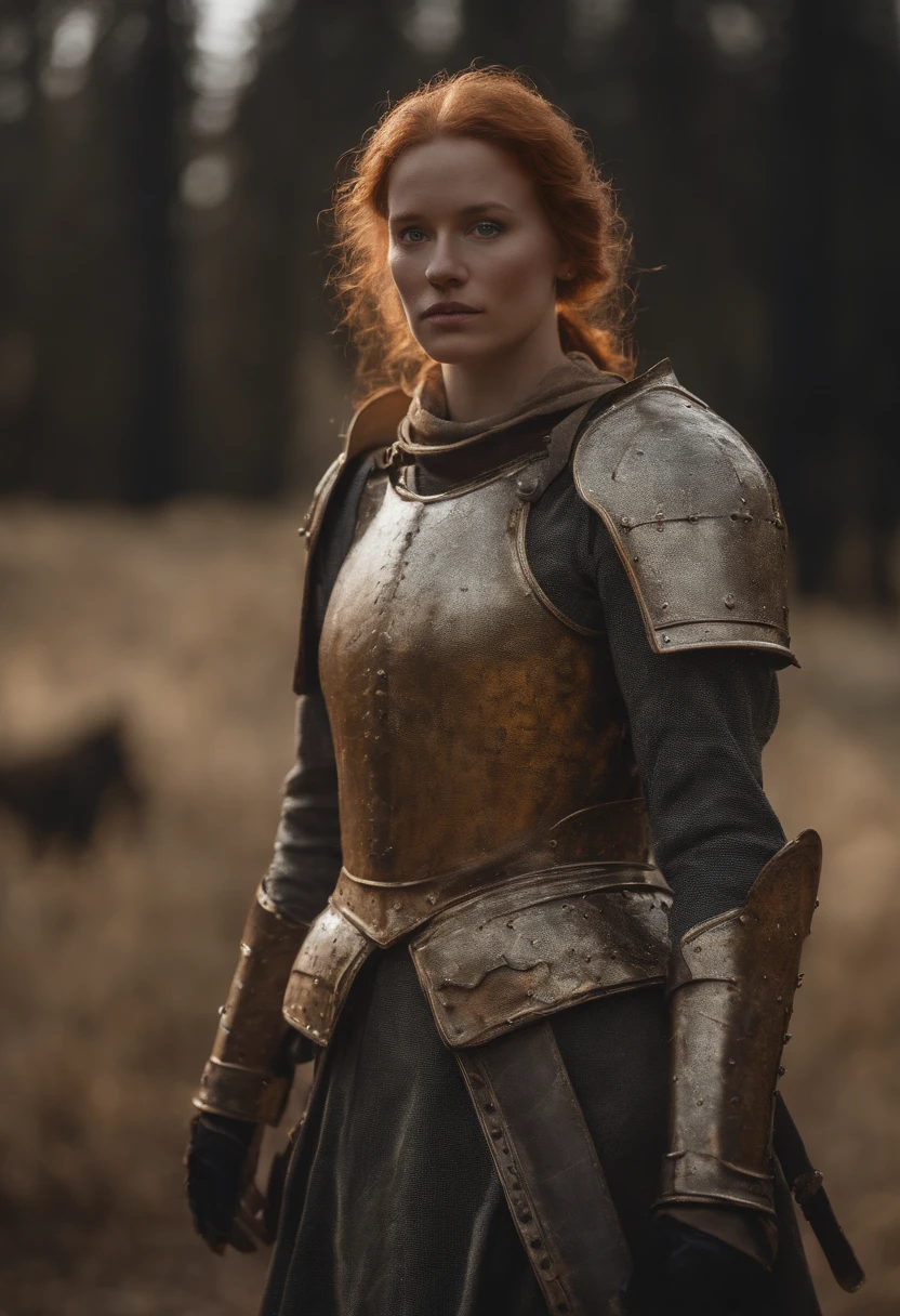 Ginger Female Holy Knight wearing full plate armor detailed, Badly damaged armor, Standing on the battlefield sad, Set against the backdrop of the battlefield of fire, Dirt, Suffering and decadence, ambiente dark, art by mschiffer, Four colors,