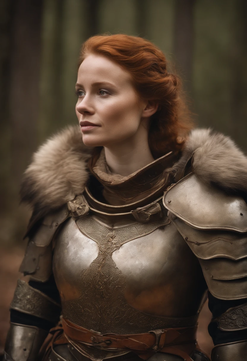 Ginger Female Holy Knight wearing full plate armor detailed, Badly damaged armor, Standing on the battlefield sad, Set against the backdrop of the battlefield of fire, Dirt, Suffering and decadence, ambiente dark, art by mschiffer, Four colors,