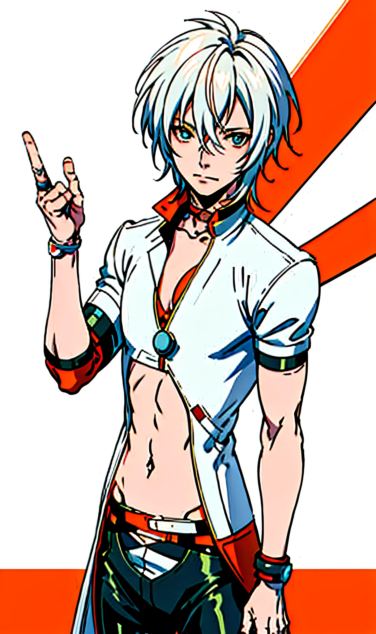 anime boy with white hair and a white shirt with a smiley face, with index finger, kaworu nagisa, smileing nright, akihiko yoshida!, toru furuya, [[[[grinning evily]]]], anime boy, fubuki, happy!!!, young anime man, orange - haired anime boy, anime style character