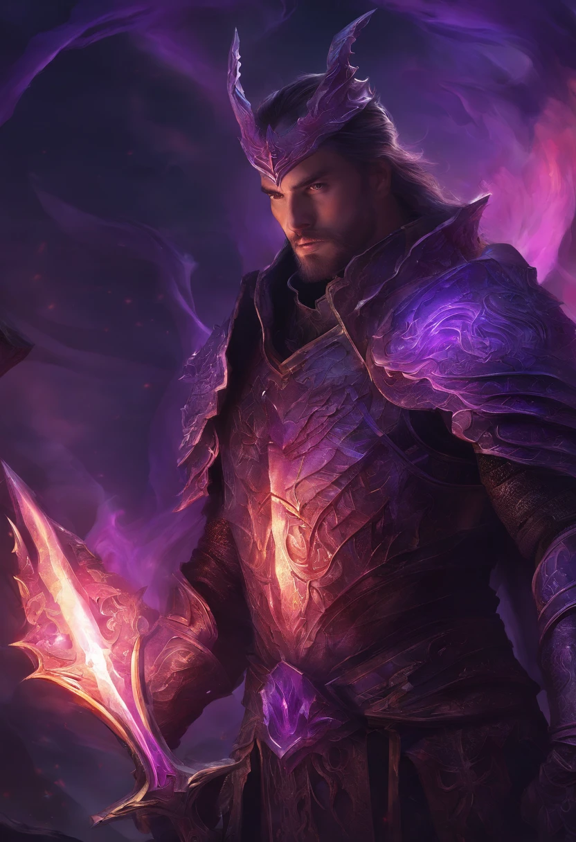 Close-up of a man holding a sword and armor, purple armor, black purple armor, purple demon armor, black fire reflective armor, demon warrior, blood knight, heavy armor and sword god of war, dragon knight, demon warrior, black and purple reflective armor, ruler of hell, Yang J, purple armor, king of cinder