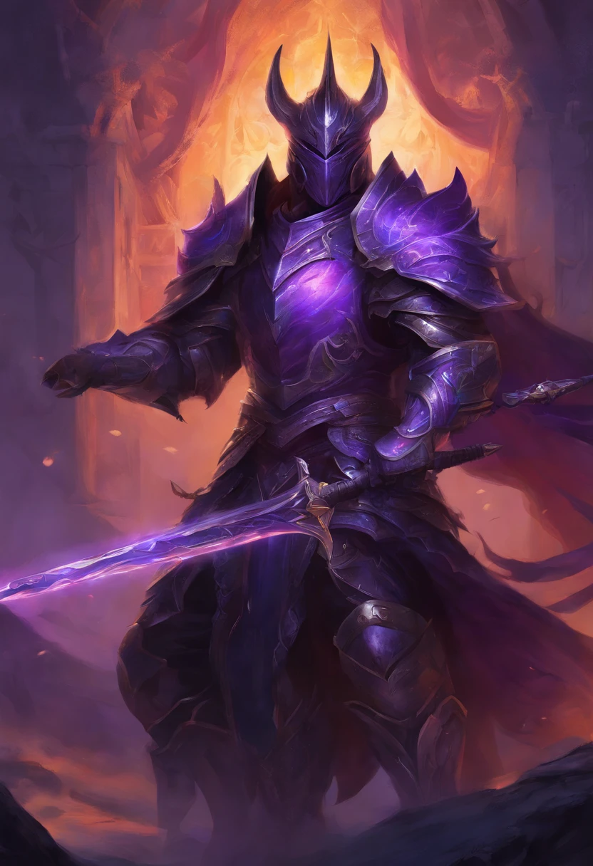 Close-up of a man holding a sword and armor, purple armor, black purple armor, purple demon armor, black fire reflective armor, demon warrior, blood knight, heavy armor and sword god of war, dragon knight, demon warrior, black and purple reflective armor, ruler of hell, Yang J, purple armor, king of cinder