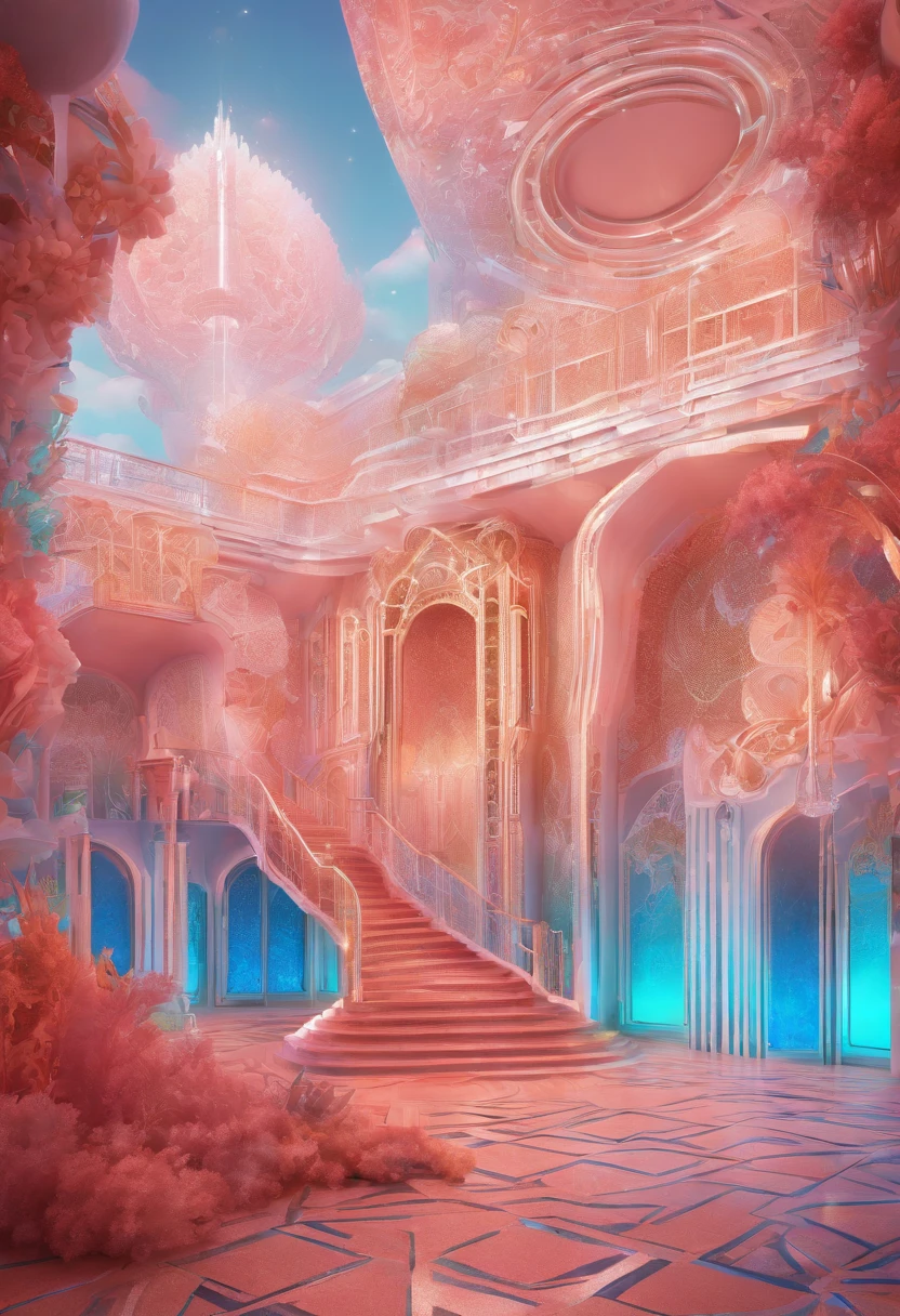 Virtual scene design, coral art installation above the blue ocean, galvanized fiberglass with rainbow gradient, surreal visual representation, magnificent architecture, unique, intricate, exquisite details,（blender, oc rendering, natural light, ray tracing, 8K）