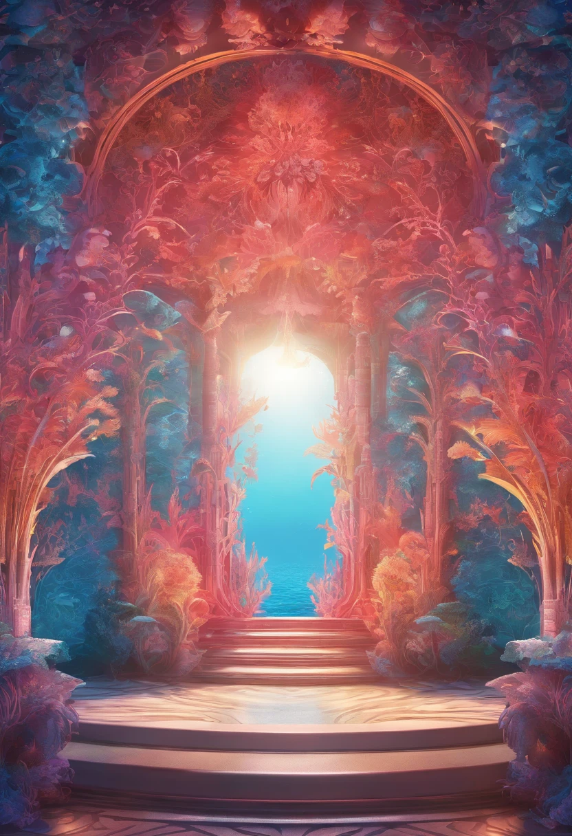 Virtual scene design, coral art installation above the blue ocean, galvanized fiberglass with rainbow gradient, surreal visual representation, magnificent architecture, unique, intricate, exquisite details,(blender, oc rendering, natural light, ray tracing, 8K)
