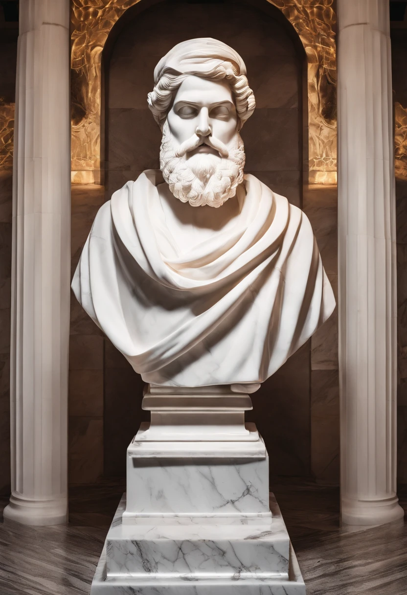White marble statue of bust of wise man with the style of the bearded Greek philosopher in the museum. Atmosfera escura, alto contraste de luz e sombra, fotografia profissional, utrarealista, Light Volumetric, cinemactic