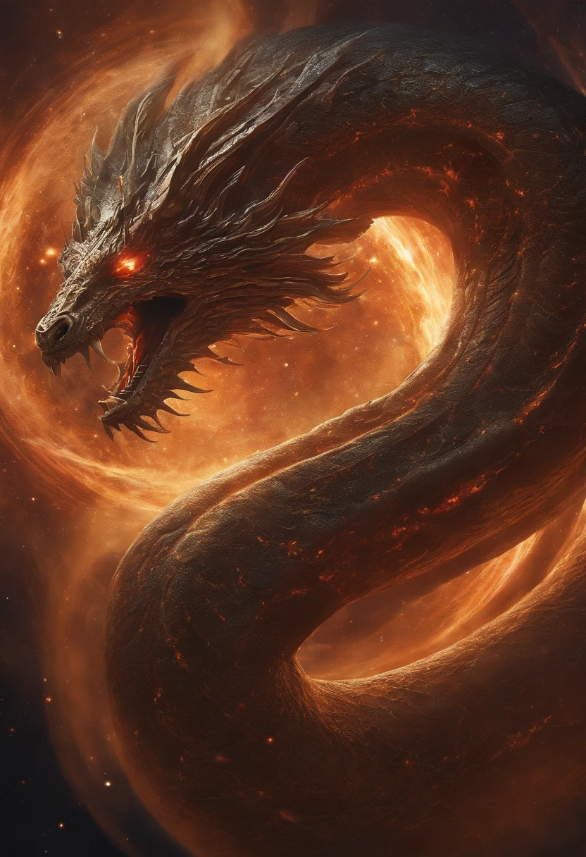 In a dimension where stars collide, the legendary Orochi serpent emerges as an embodiment of celestial fury. Its body is a symphony of radiant colors, mirroring the birth of stars. Its eyes blaze with cosmic fire, and tendrils of energy arc around its form like ethereal lightning. The serpent's presence commands both awe and fear, as it harnesses the power of the cosmos itself, Amidst a cosmic maelstrom, where galaxies spiral and stars explode, the serpent reigns supreme, Epic, cataclysmic, and transcendent, evoking the power of celestial forces.Style: Ultra-realistic digital painting with intricate details and a dynamic interplay of colors.Execution: Rendered in a hyper-realistic style, using advanced digital techniques to capture the complex interstellar environment and the serpent's celestial energy,