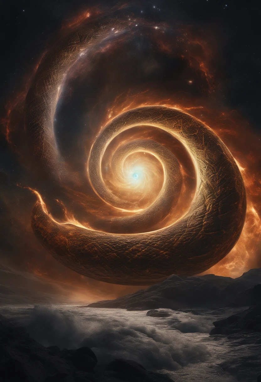 In a dimension where stars collide, the legendary Orochi serpent emerges as an embodiment of celestial fury. Its body is a symphony of radiant colors, mirroring the birth of stars. Its eyes blaze with cosmic fire, and tendrils of energy arc around its form like ethereal lightning. The serpent's presence commands both awe and fear, as it harnesses the power of the cosmos itself, Amidst a cosmic maelstrom, where galaxies spiral and stars explode, the serpent reigns supreme, Epic, cataclysmic, and transcendent, evoking the power of celestial forces.Style: Ultra-realistic digital painting with intricate details and a dynamic interplay of colors.Execution: Rendered in a hyper-realistic style, using advanced digital techniques to capture the complex interstellar environment and the serpent's celestial energy,