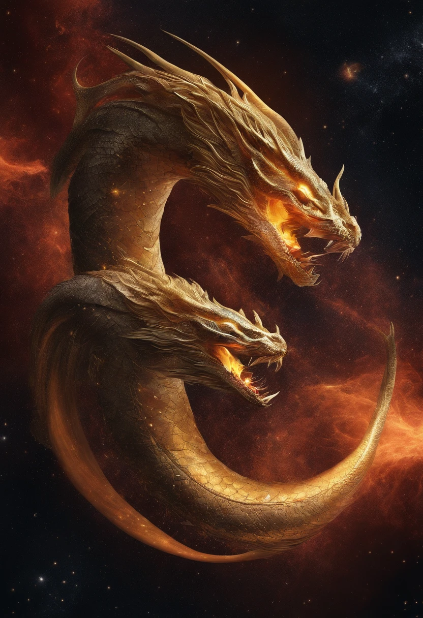 In a dimension where stars collide, the legendary Orochi serpent emerges as an embodiment of celestial fury. Its body is a symphony of radiant colors, mirroring the birth of stars. Its eyes blaze with cosmic fire, and tendrils of energy arc around its form like ethereal lightning. The serpent's presence commands both awe and fear, as it harnesses the power of the cosmos itself, Amidst a cosmic maelstrom, where galaxies spiral and stars explode, the serpent reigns supreme, Epic, cataclysmic, and transcendent, evoking the power of celestial forces.Style: Ultra-realistic digital painting with intricate details and a dynamic interplay of colors.Execution: Rendered in a hyper-realistic style, using advanced digital techniques to capture the complex interstellar environment and the serpent's celestial energy,