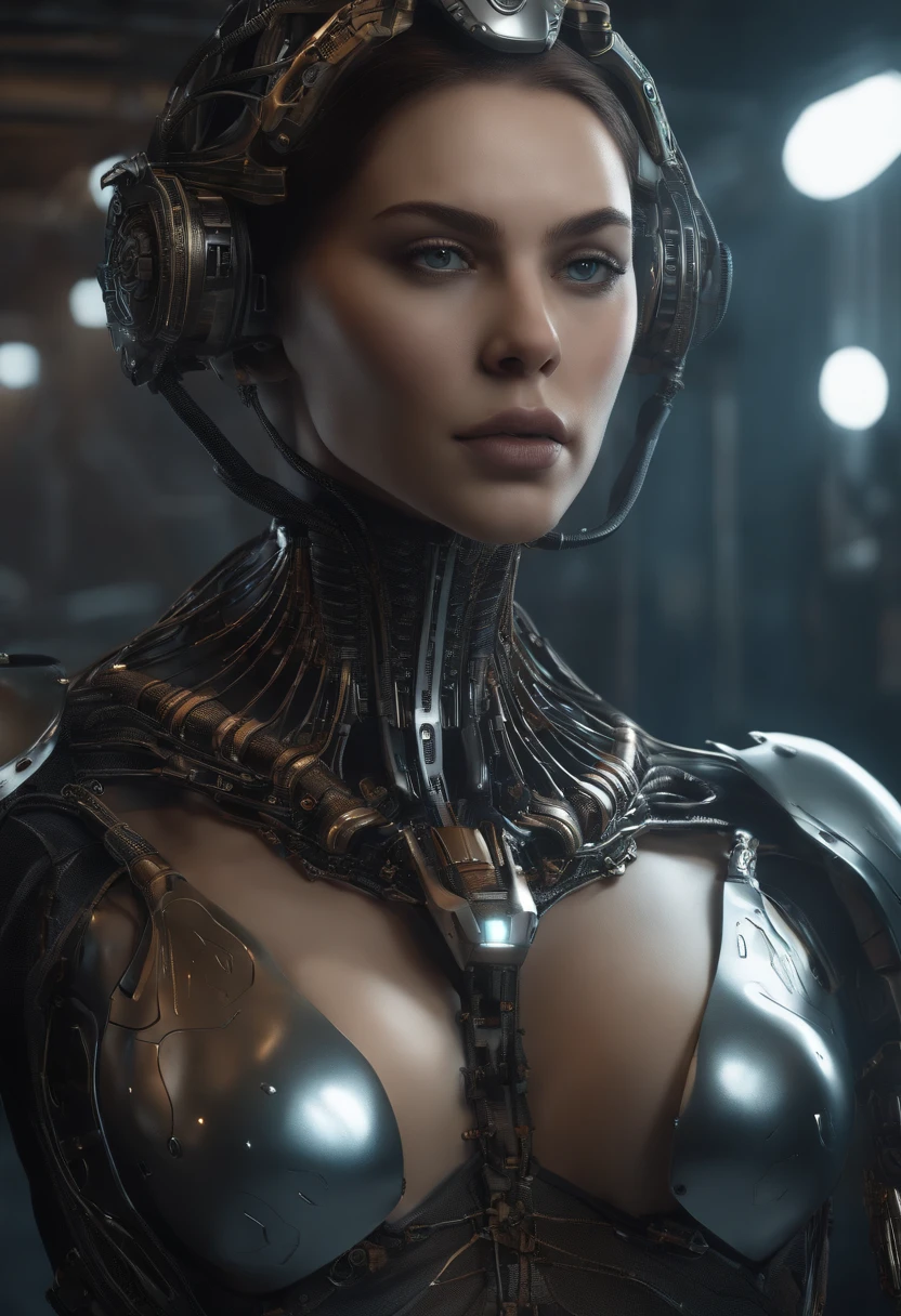 Introducing a highly complex 3D rendering, retratando um rosto de androide feminino de beleza deslumbrante sorrindo. With robotic parts and vibrant details, This 150mm cyborg radiates elegance in a soft-lit studio. Your gaze fixed directly on the camera, em pose frontal, revela um perfil cativante. with cybernetic elements, anatomically precise facial muscles, , this HR Giger style masterpiece delivers a high-quality visual experience, com detalhes extremamente delicados. fundo belamente renderizado, resultando em um papel de parede 8K impressionante e hiper-realista, perfeito para os amantes do estilo cyberpunk