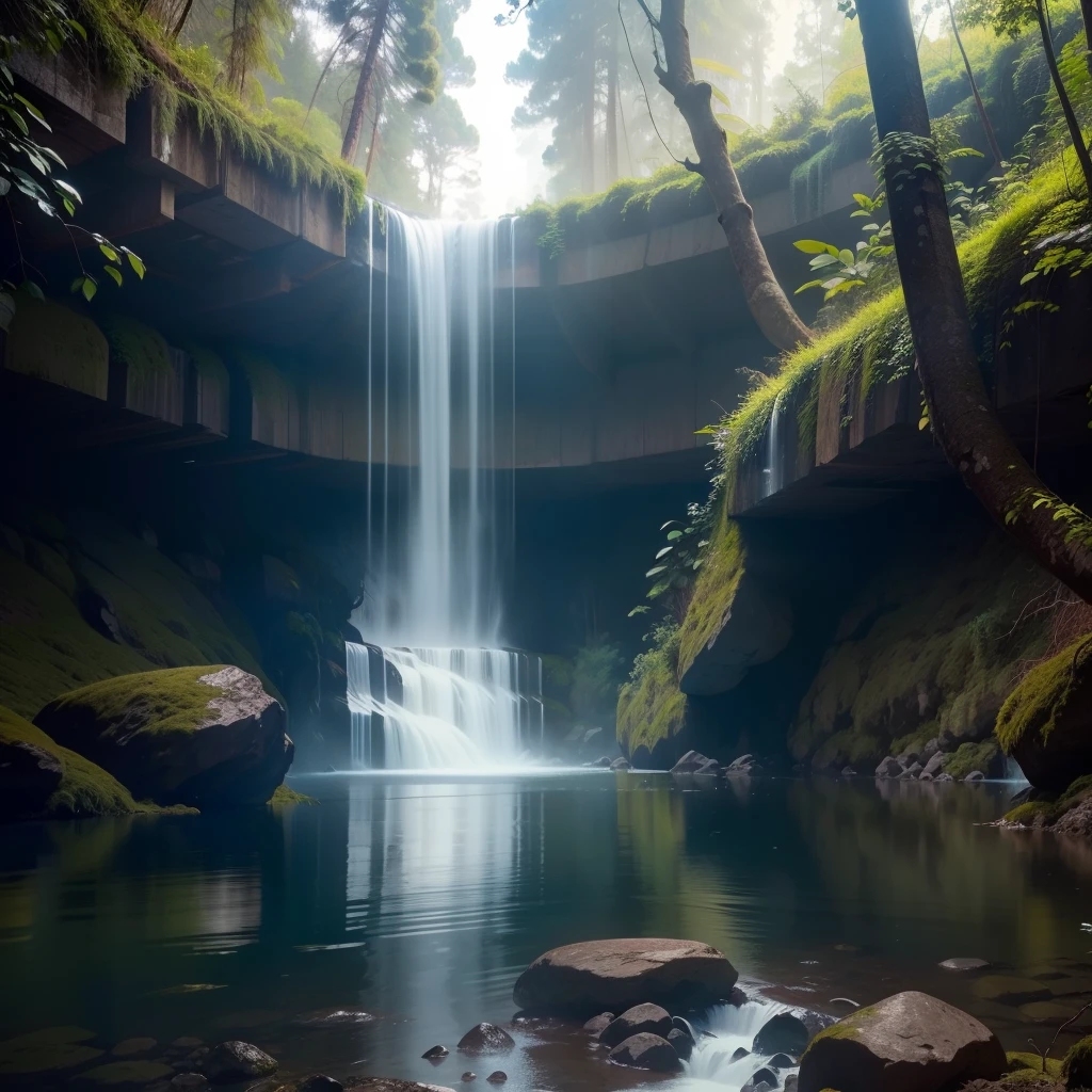 uma telha dentro de uma floresta, no fundo no final da trilha uma cachoeira, no inicio do dia, cores tons de cinza dando um ar de misterio