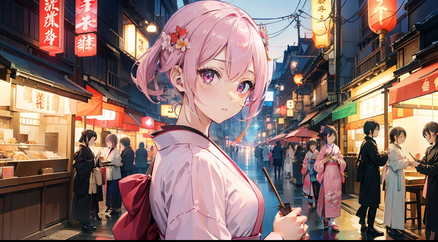 masterpiece、top-quality、Movie stills、1girl in、animesque、Pink shorthair、Pink eyes、illustratio、Kimono、Japanese dress、kawaii、homeliness、Summer street food night view(Spark:0.7)、By Shinkai Makoto