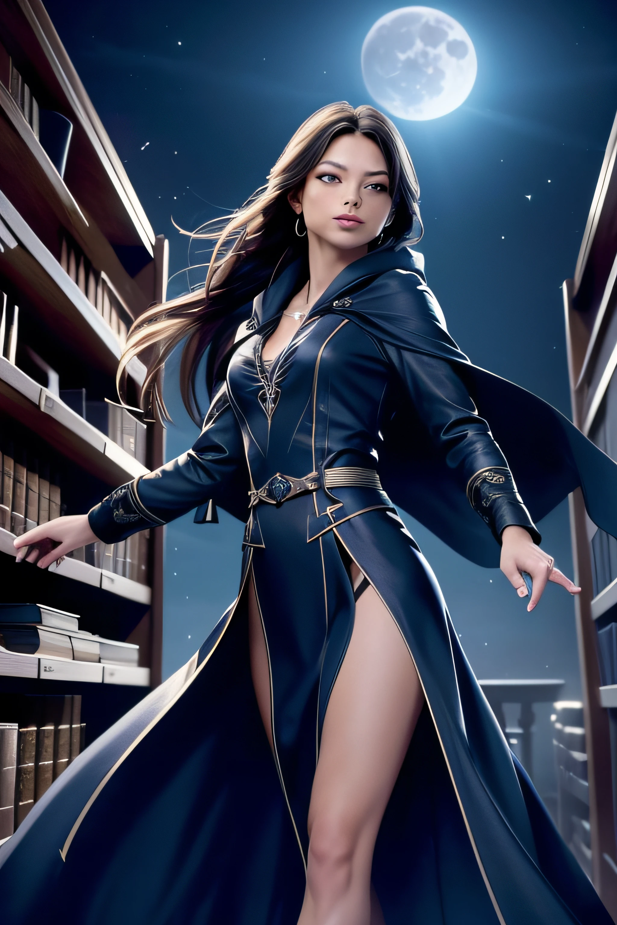 Kristin Kreuk, cheveux bruns, ponytail, yeux verts, avec un corps parfait, visage parfait, torse, Jambes, armes, portant une magnifique robe noire longue et scintillante, hooded, avec une robe par-dessus sa robe, (( Manteau complexe )), (( Manteau flottant dans le vent )), raising a hand in the moonlight evoking the rays of the blue full moon, (( Evoking the shelves )), (( cinematic effect )), beau cadre de campagne avec fond forestier la nuit de la pleine lune bleue