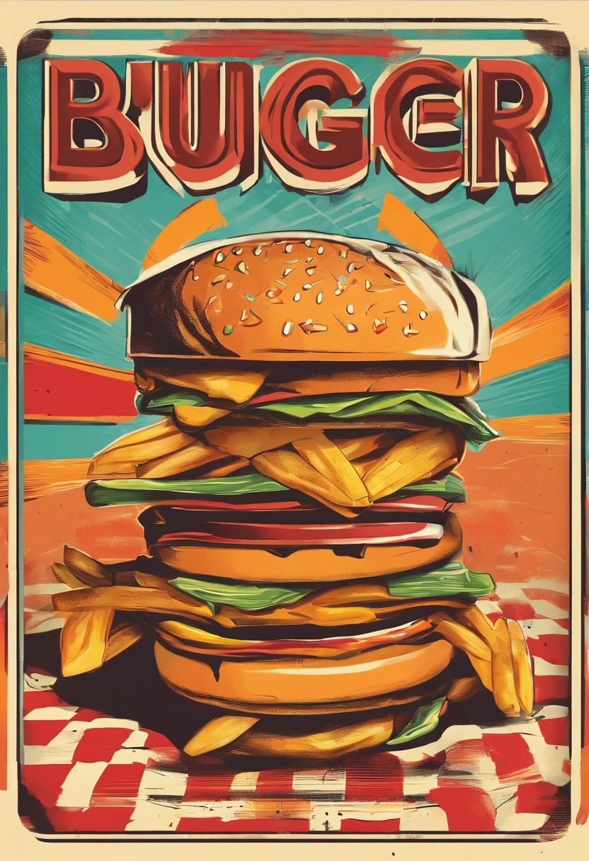 A poster of a burger and fries, with the burger in the middle of the frame taking up a third of the image and the fries on the side. The poster shows retro colours. Flat vector illustration