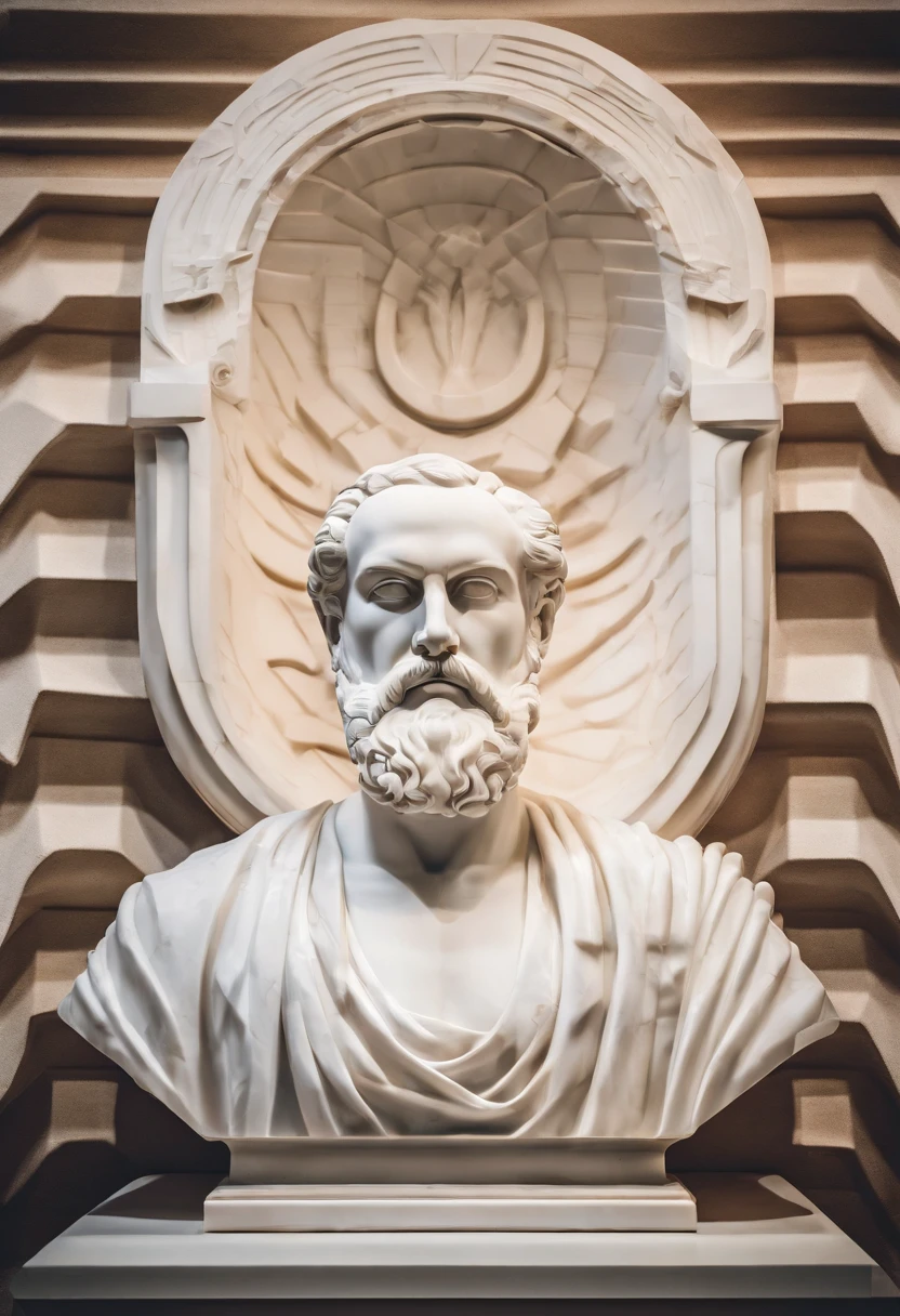 White marble statue of bust of wise man with the style of the bearded Greek philosopher in the museum. Atmosfera escura, alto contraste de luz e sombra, fotografia profissional, utrarealista, Light Volumetric, cinemactic