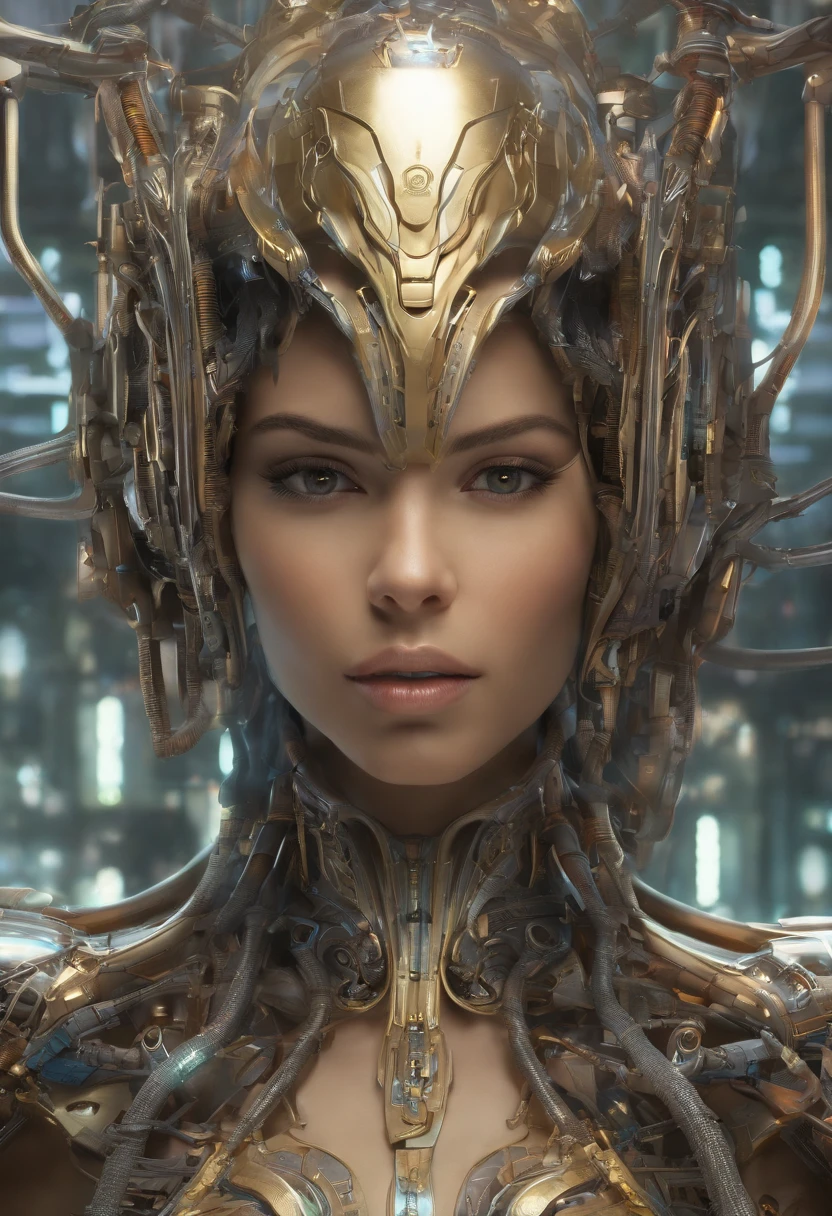 Introducing a highly complex 3D rendering, retratando um rosto de androide feminino de beleza deslumbrante. With robotic parts and vibrant details, This 150mm cyborg radiates elegance in a soft-lit studio. Your gaze fixed directly on the camera, em pose frontal, revela um perfil cativante. with cybernetic elements, anatomically precise facial muscles, Electrical cables and microchips, this HR Giger style masterpiece delivers a high-quality visual experience, com detalhes extremamente delicados. His silver helmet adds a touch of sophistication to the beautifully rendered background, resultando em um papel de parede 8K impressionante e hiper-realista, perfeito para os amantes do estilo cyberpunk