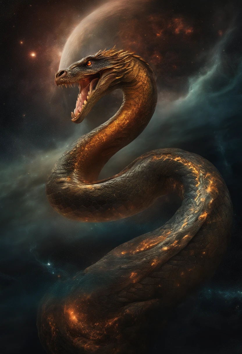 In the dimension of stellar collisions, The legendary Oroch Serpent became the embodiment of the Celestial Fury. Its body is a symphony of brilliant colors, Reflect the birth of stars. Its eyes burn with cosmic fire, The tendrils of energy surround its shape like ethereal lightning. The presence of snakes is both awe-inspiring and terrifying, Because it harnesses the power of the universe itself, In the cosmic vortex, Where galaxies spiral and stars explode, The serpent reigns supreme, Epic, Cataclysm, and beyond, The power to evoke celestial power.Style: hyper realistic digital painting，Dynamic interplay with complex details and colors.Execution: Rendered in a surreal style, Use advanced digital technology to capture complex interstellar environments and snake celestial energy,