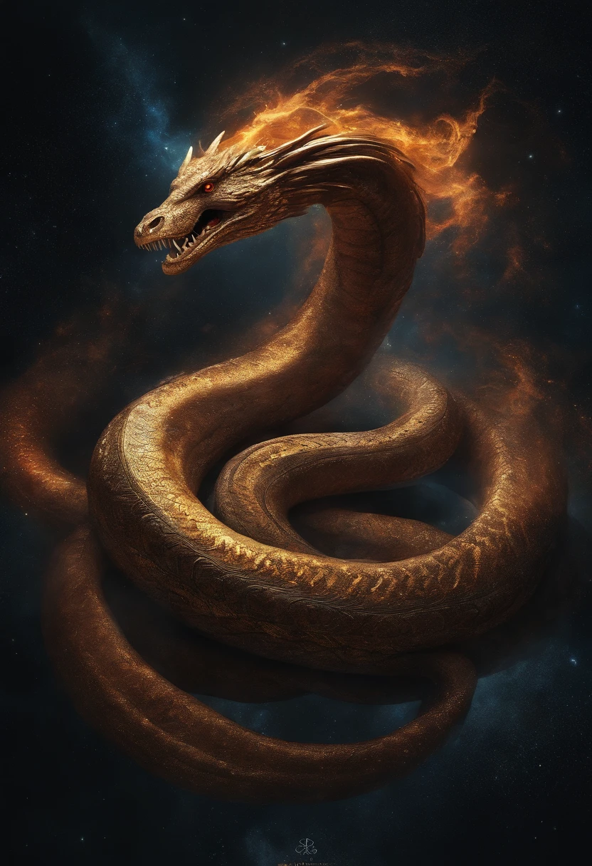 In the dimension of a stellar collision, The legendary Orok serpent became the embodiment of the wrath of heaven. Its body is a symphony of bright colors, Reflecting the birth of a star. Its eyes are burning with cosmic fire, Energy tendrils are、It surrounds its shape like an ethereal lightning bolt. The presence of the eight-headed snake is both awe-inspiring and frightening, Because it harnesses the power of the universe itself, In the cosmic vortex, Galactic Spiral、Where stars explode, The serpent reigns supreme, epicd, cataclysmic, And beyond, The Power to Awaken the Powers of Heaven. Style: ultra realistic digital painting,Dynamic interaction with intricate details and colors.performing: Rendered in a surreal style, Uses advanced digital technology、Capture complex interstellar environments and snake celestial energy,