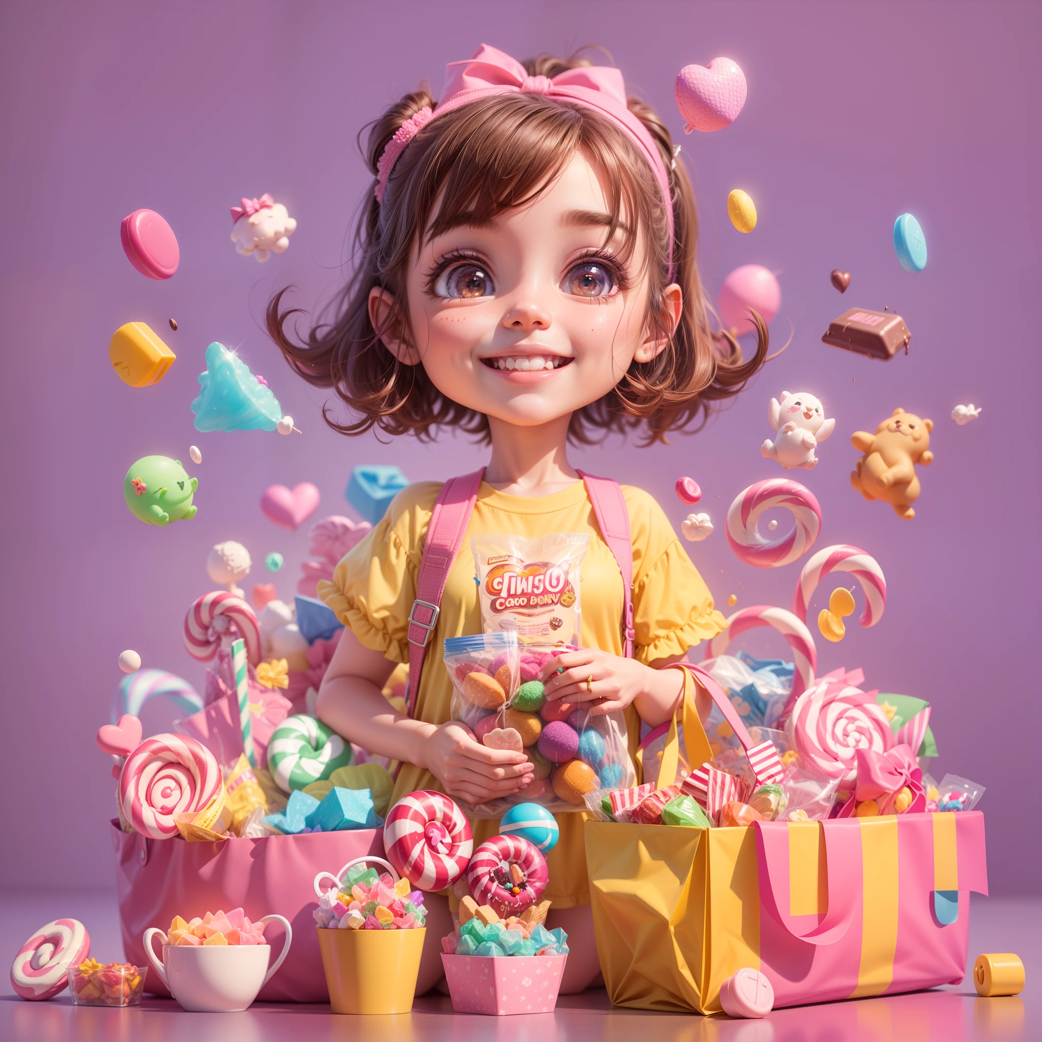 very cute happy girl with a pink bow holding a bag of candy, smiling, flying candies, ((chocolates)), gummy bears, lollipops, 3d render, kawaii hq render, cinema 4d colorful render, adorable, pixar, sharp, simple purple background