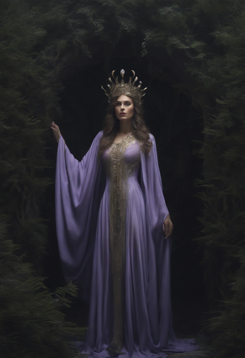 A mysterious witch cloaked in purple chaos energy, standing in a dark forest of barren trees, glowing with a powerful energy. realistic, stunning realistic photograph, 3d render, octane render, intricately detailed, cinematic, trending on artstation, Isometric, Centered hipereallistic cover photo, awesome full color, hand drawn, dark, gritty, mucha, klimt, erte 12k, high definition, cinematic, neoprene, behance contest winner, portrait featured on unsplash, stylized digital art, smooth, ultra high definition, 8k, unreal engine 5, ultra sharp focus, intricate artwork masterpiece, ominous, epic, TanvirTamim, trending on artstation, by artgerm, h. r. giger and beksinski, highly detailed, vibrant