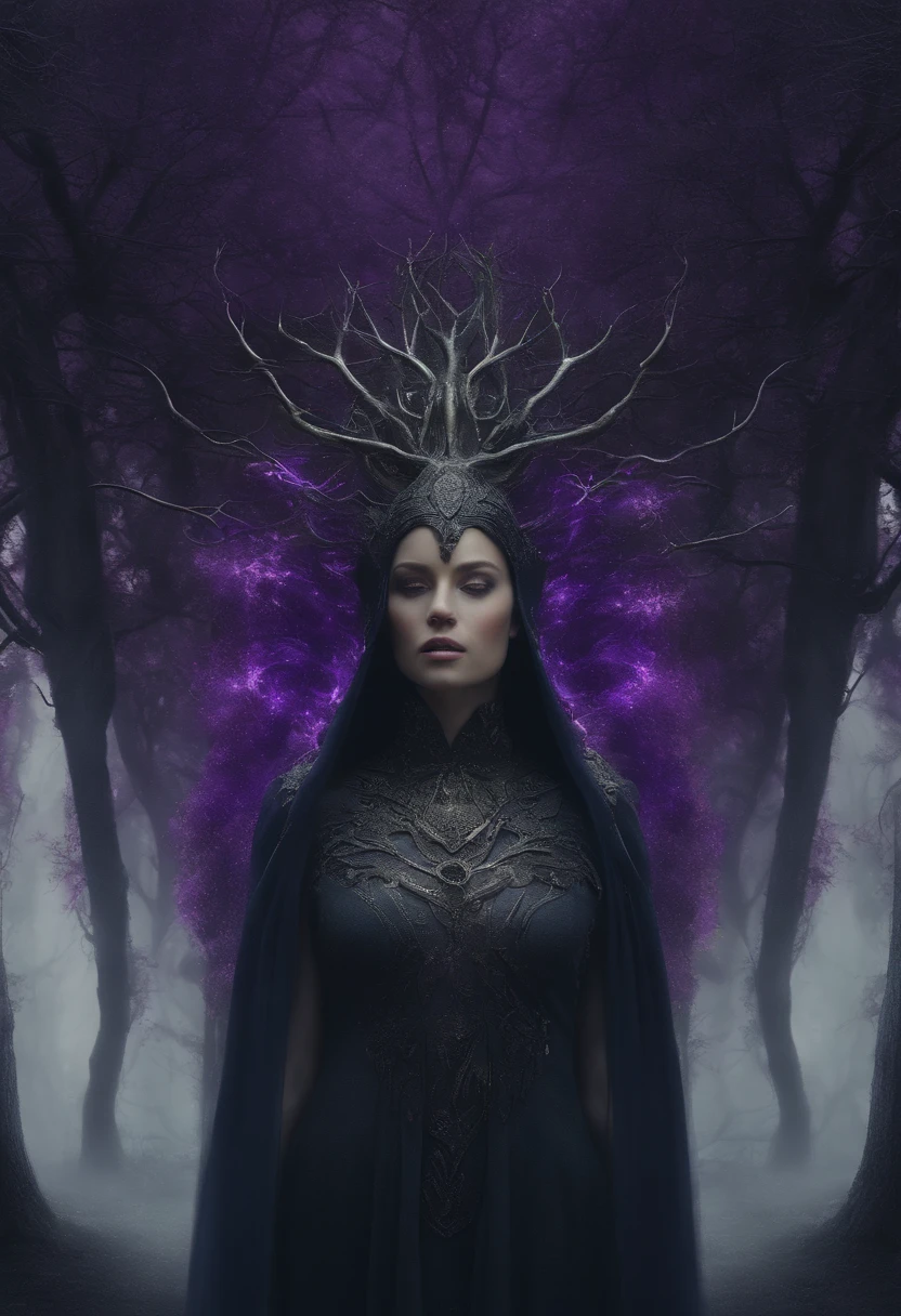 A mysterious witch cloaked in purple chaos energy, standing in a dark forest of barren trees, glowing with a powerful energy. realistic, stunning realistic photograph, 3d render, octane render, intricately detailed, cinematic, trending on artstation, Isometric, Centered hipereallistic cover photo, awesome full color, hand drawn, dark, gritty, mucha, klimt, erte 12k, high definition, cinematic, neoprene, behance contest winner, portrait featured on unsplash, stylized digital art, smooth, ultra high definition, 8k, unreal engine 5, ultra sharp focus, intricate artwork masterpiece, ominous, epic, TanvirTamim, trending on artstation, by artgerm, h. r. giger and beksinski, highly detailed, vibrant