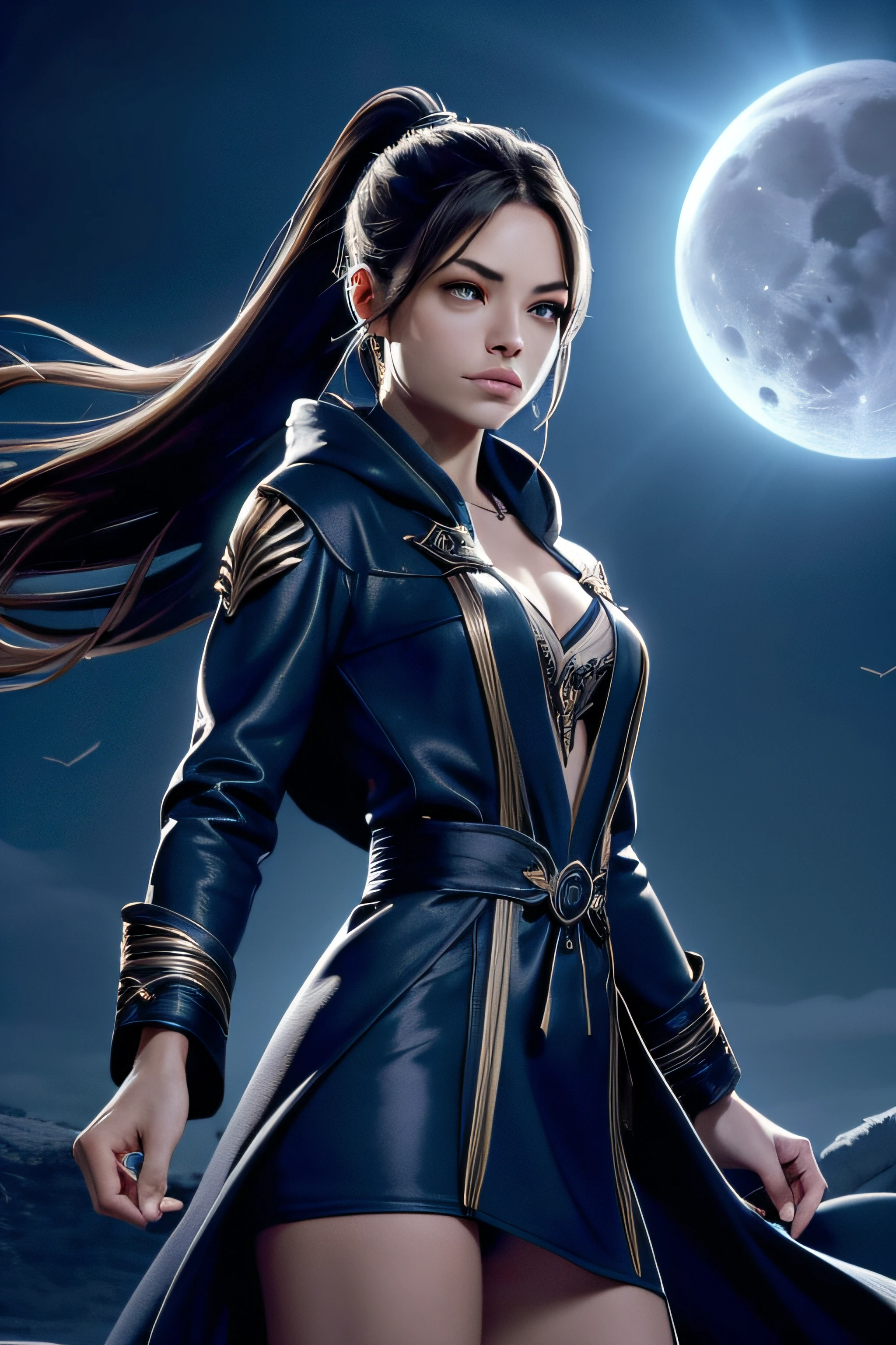 Kristin Kreuk, cheveux bruns, ponytail, yeux verts, avec un corps parfait, visage parfait, torse, Jambes, armes, portant une magnifique robe noire longue et scintillante, hooded, avec une robe par-dessus sa robe, (( Manteau complexe )), (( Manteau flottant dans le vent )), raising a hand in the moonlight evoking the rays of the blue full moon, (( Evoking the shelves )), (( cinematic effect )), beau cadre de campagne avec fond forestier la nuit de la pleine lune bleue